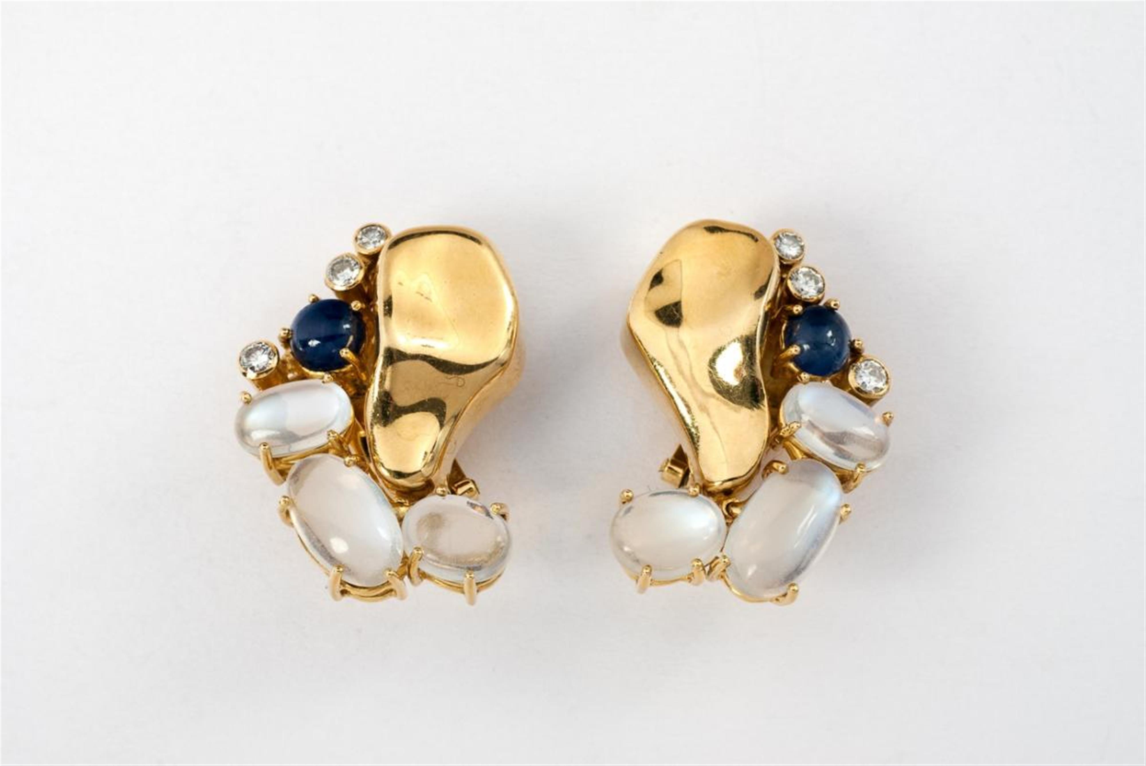 A pair of 18 ct gold, diamond, sapphire and moonstone ear clips. - image-3