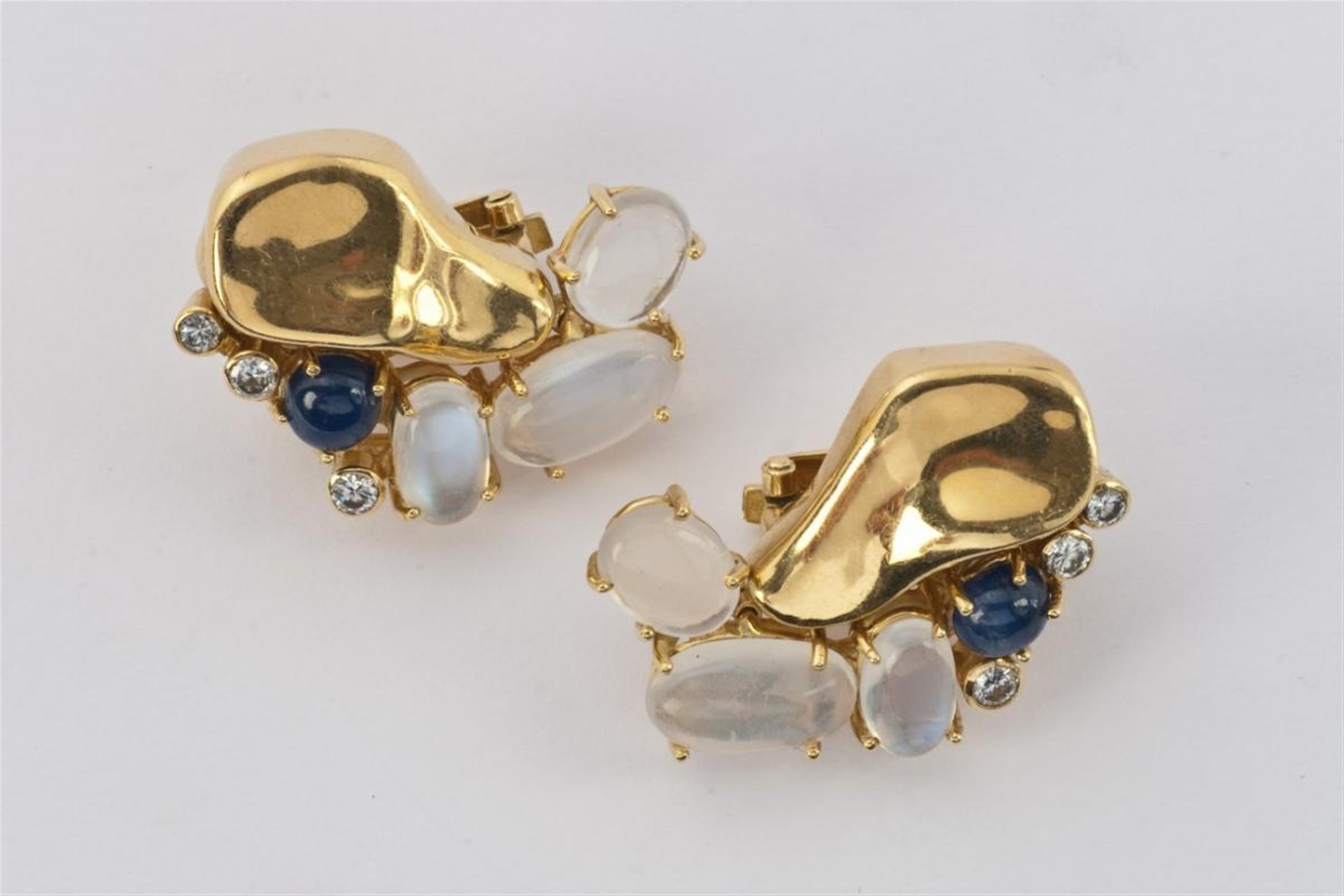 A pair of 18 ct gold, diamond, sapphire and moonstone ear clips. - image-1