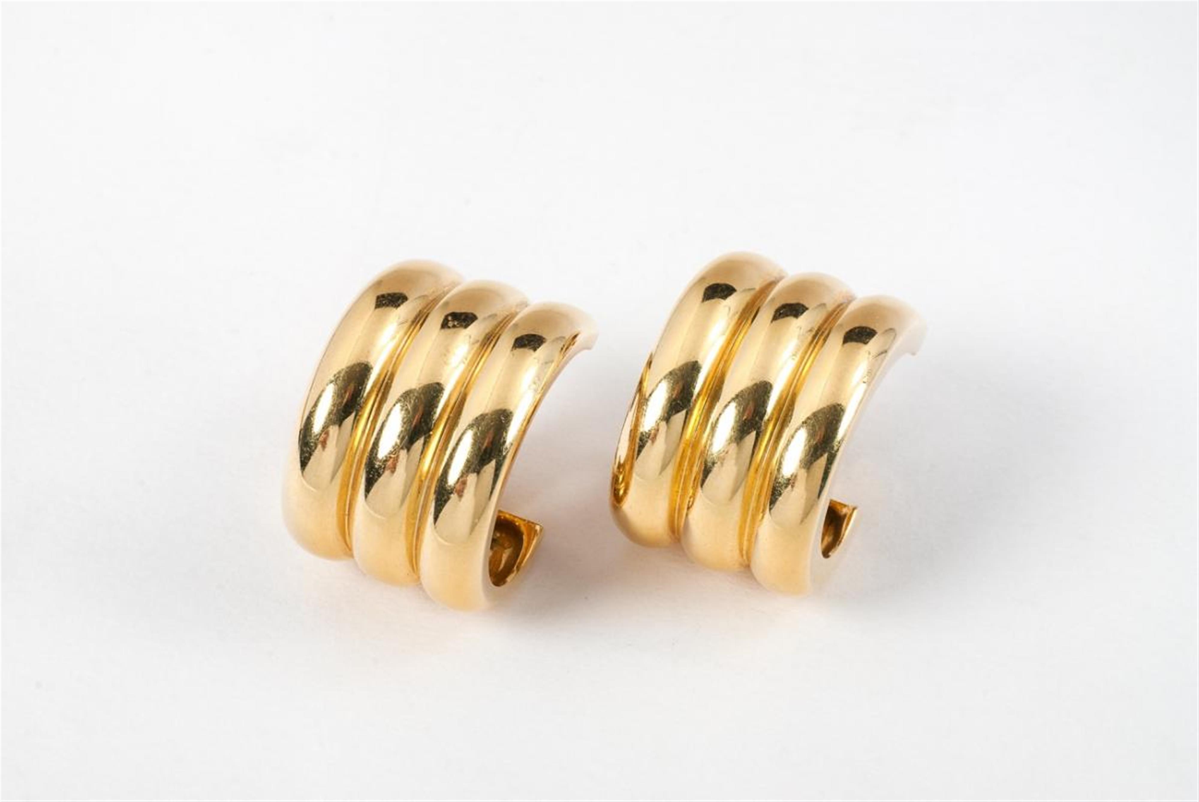 A pair of Cartier triple wide hoop 18ct gold earrings. - image-1