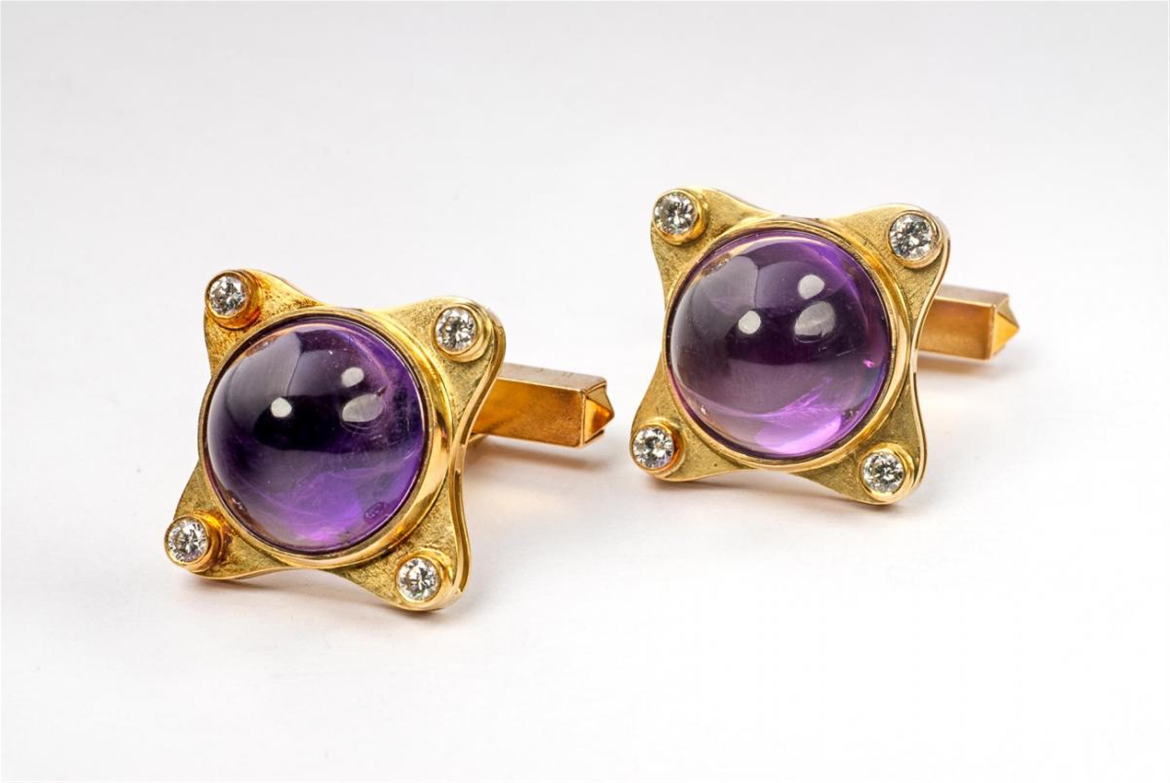 A pair of custom made 18 ct gold, diamond and amethyst cuff-links. - image-1