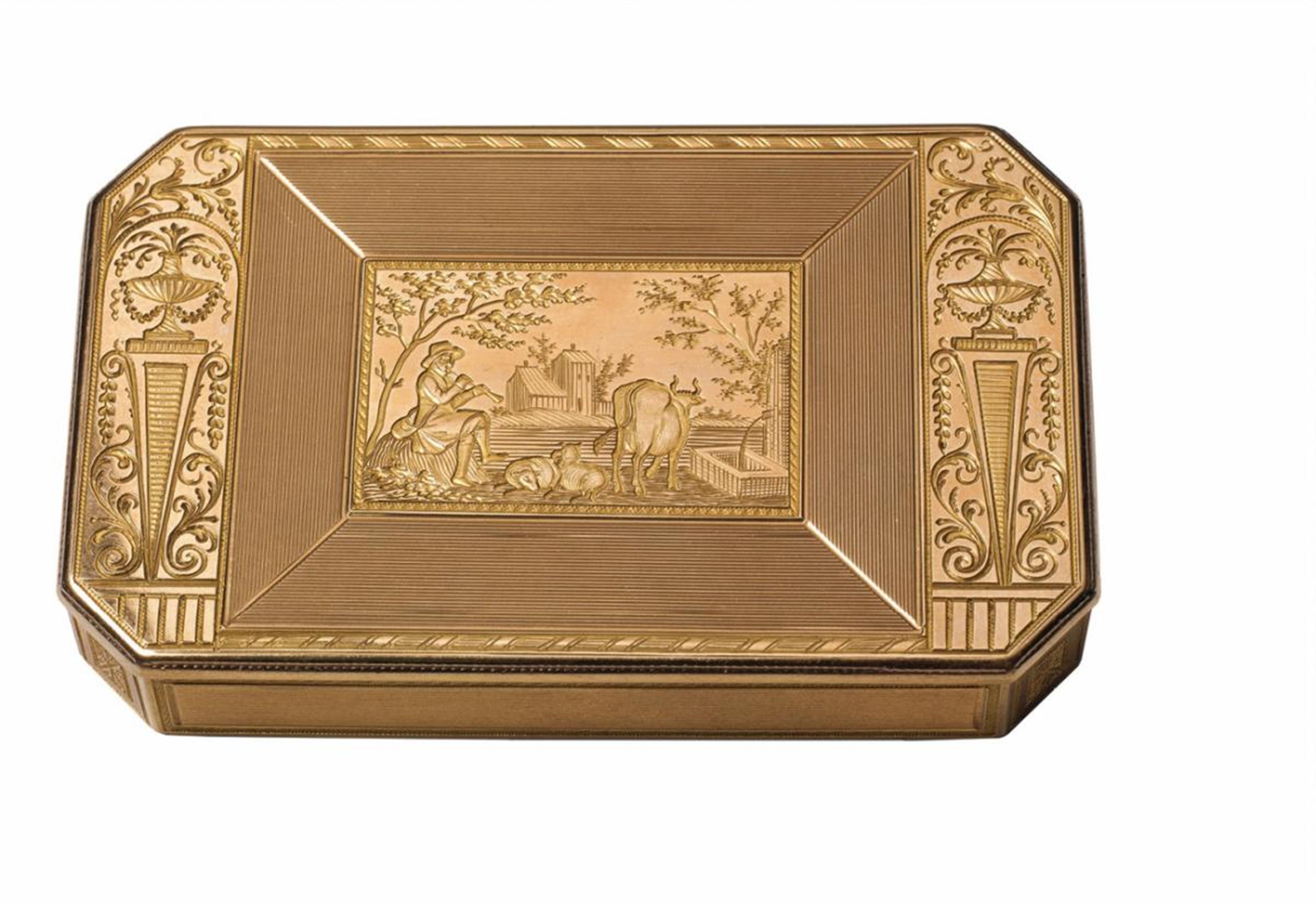 An 18 ct gold Louis XVI snuff box with a pastoral scene - image-1