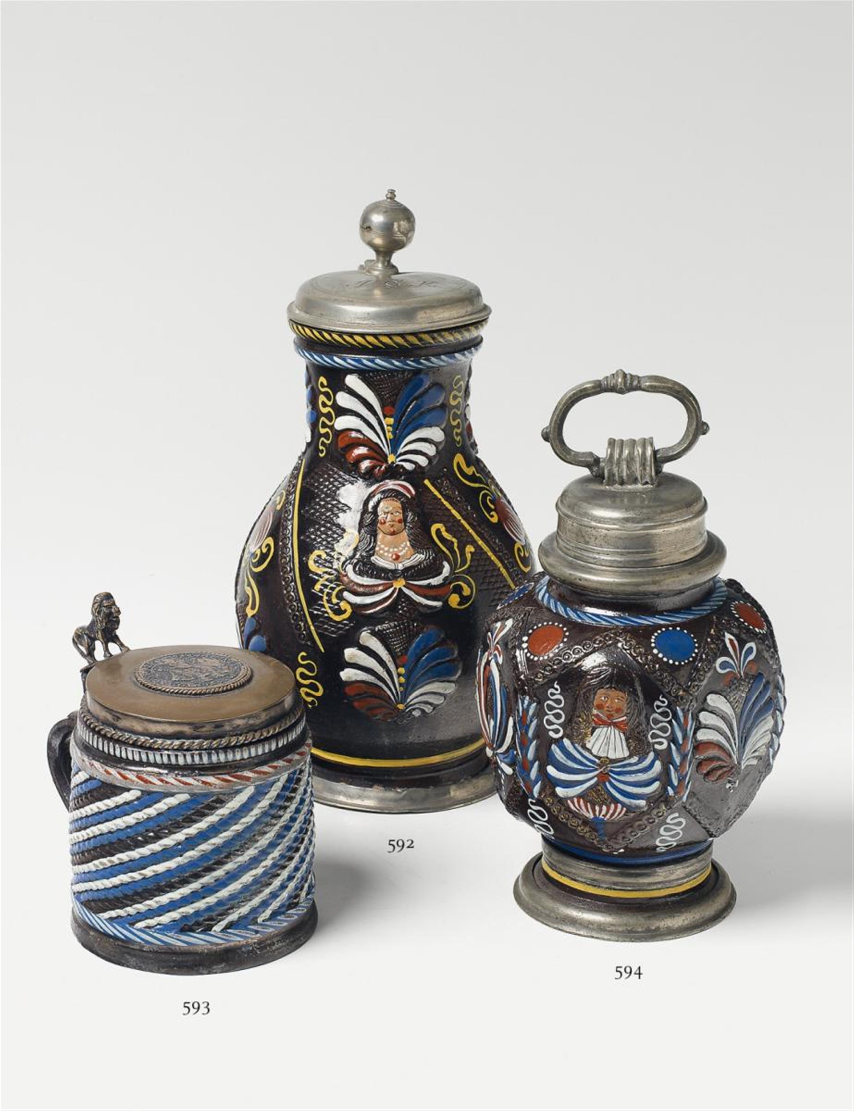 An Annaberg glazed stoneware screw top flask with enamel painting and remains of gilt. - image-1