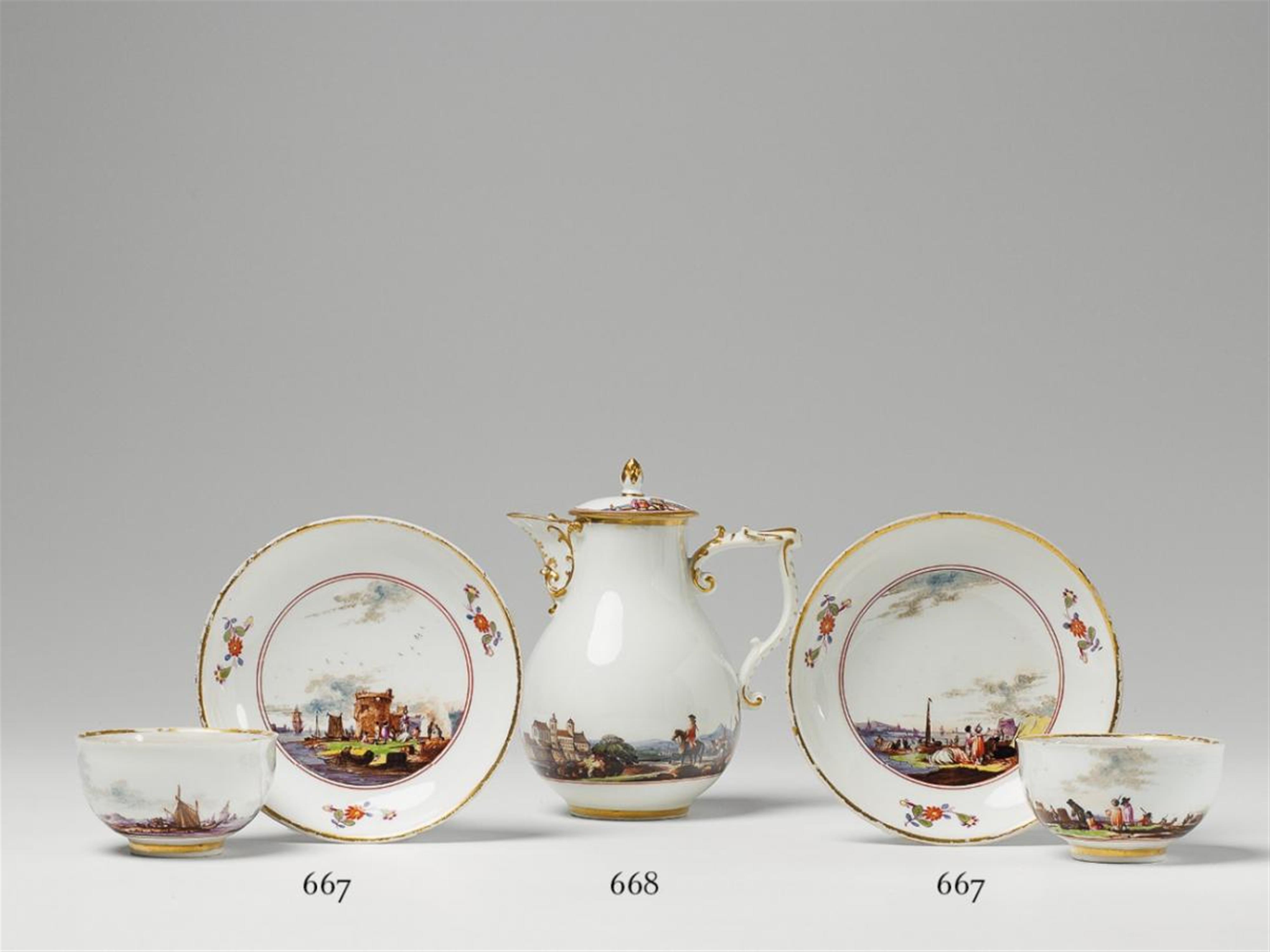 A pair of Meissen tea bowls and saucers with enamel and gilt kauffahrtei scenes. - image-1
