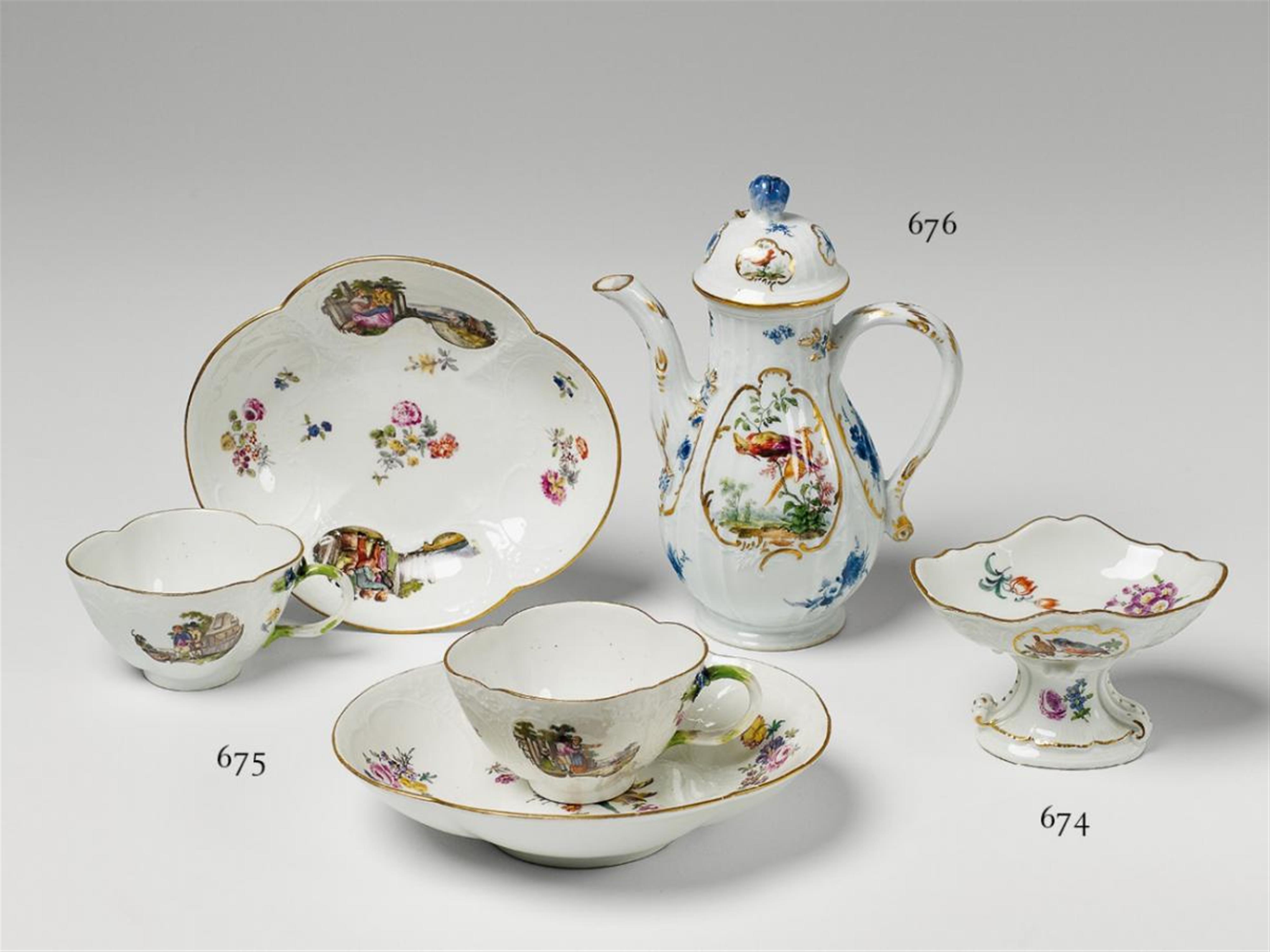 A pair of Meissen "Neu-Dulong" moulded cups and saucers with enamel and gilt scenes after Teniers. - image-1