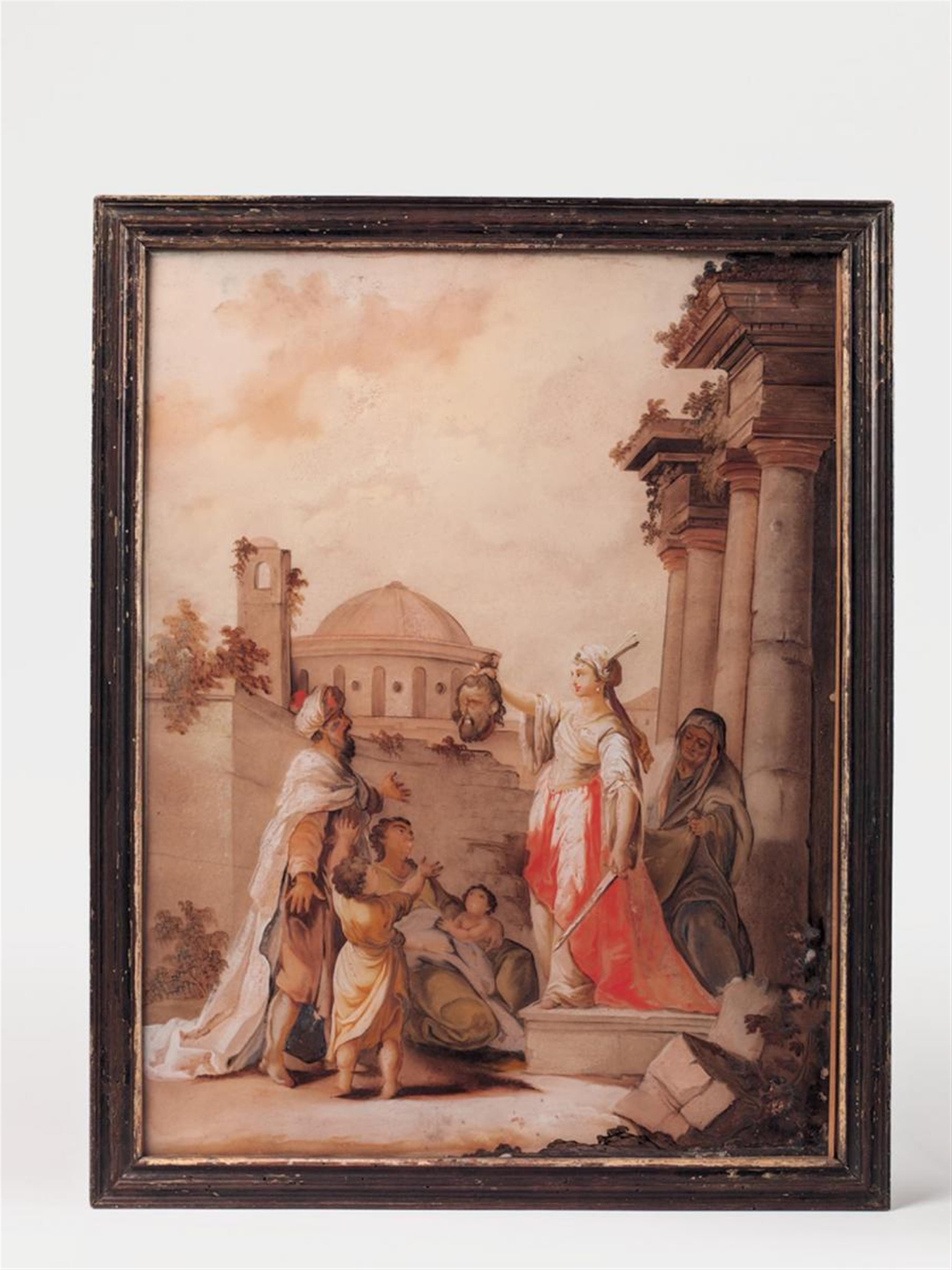 A sepia tone reverse glass painting of Judith and the head of Holofernes in a painted softwood frame - image-1