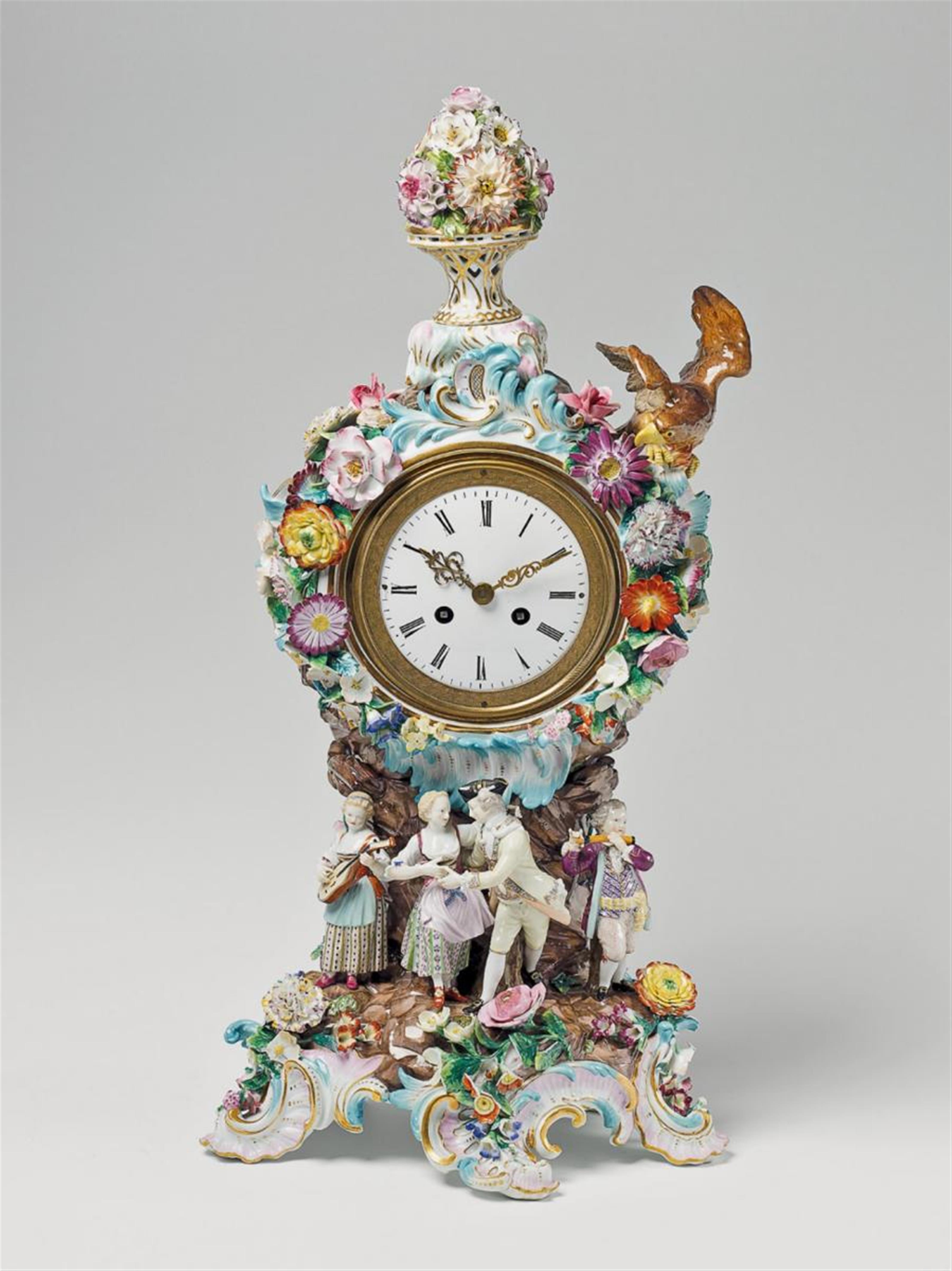 A large Meissen porcelain pendulum clock with enamel and gilt decor - image-1