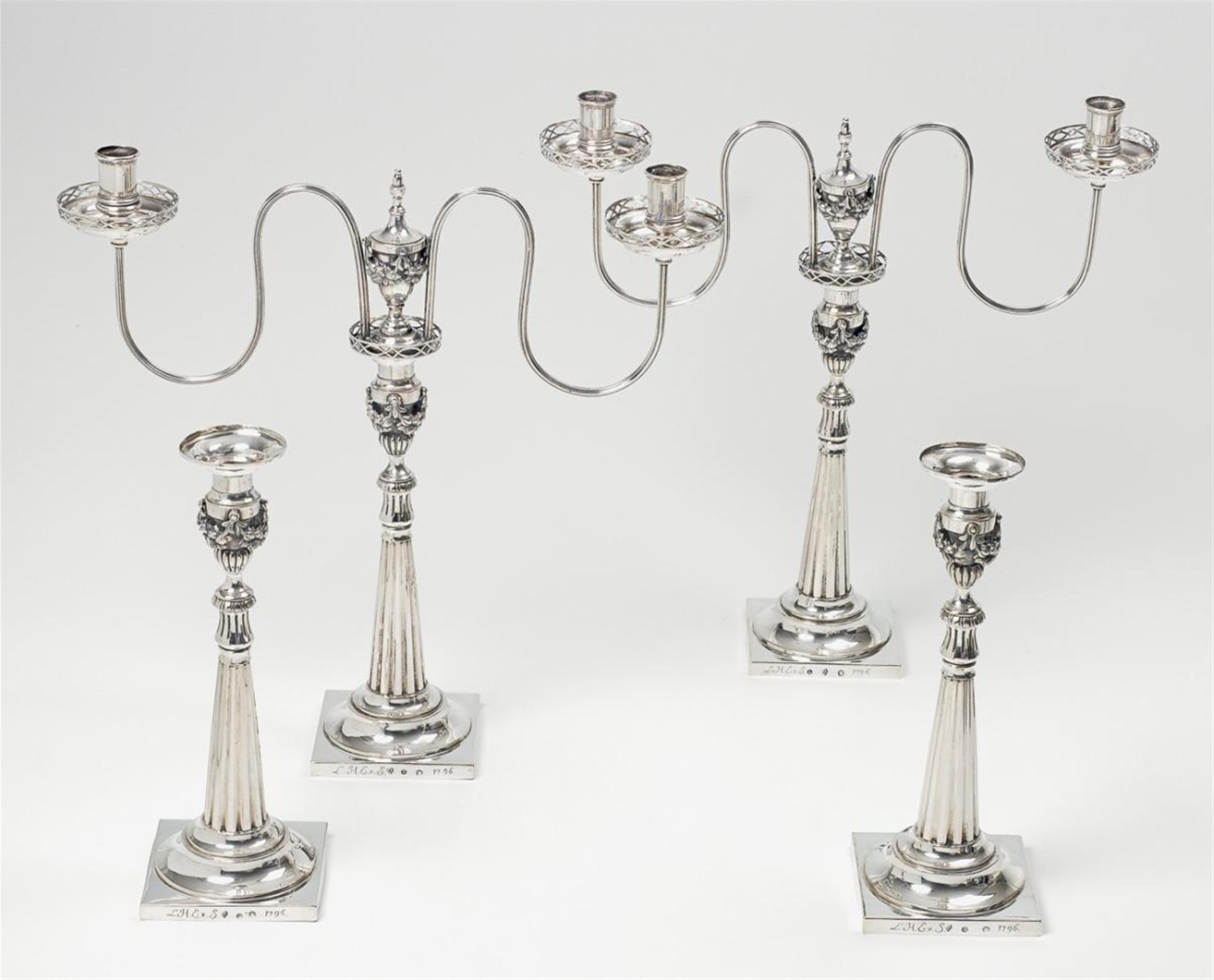 A pair of Breslau silver girandoles and a pair of candlesticks, monogrammed "L.H.E.v.S.". Marks of Christian Gottlieb Schneider, 1796. - image-1