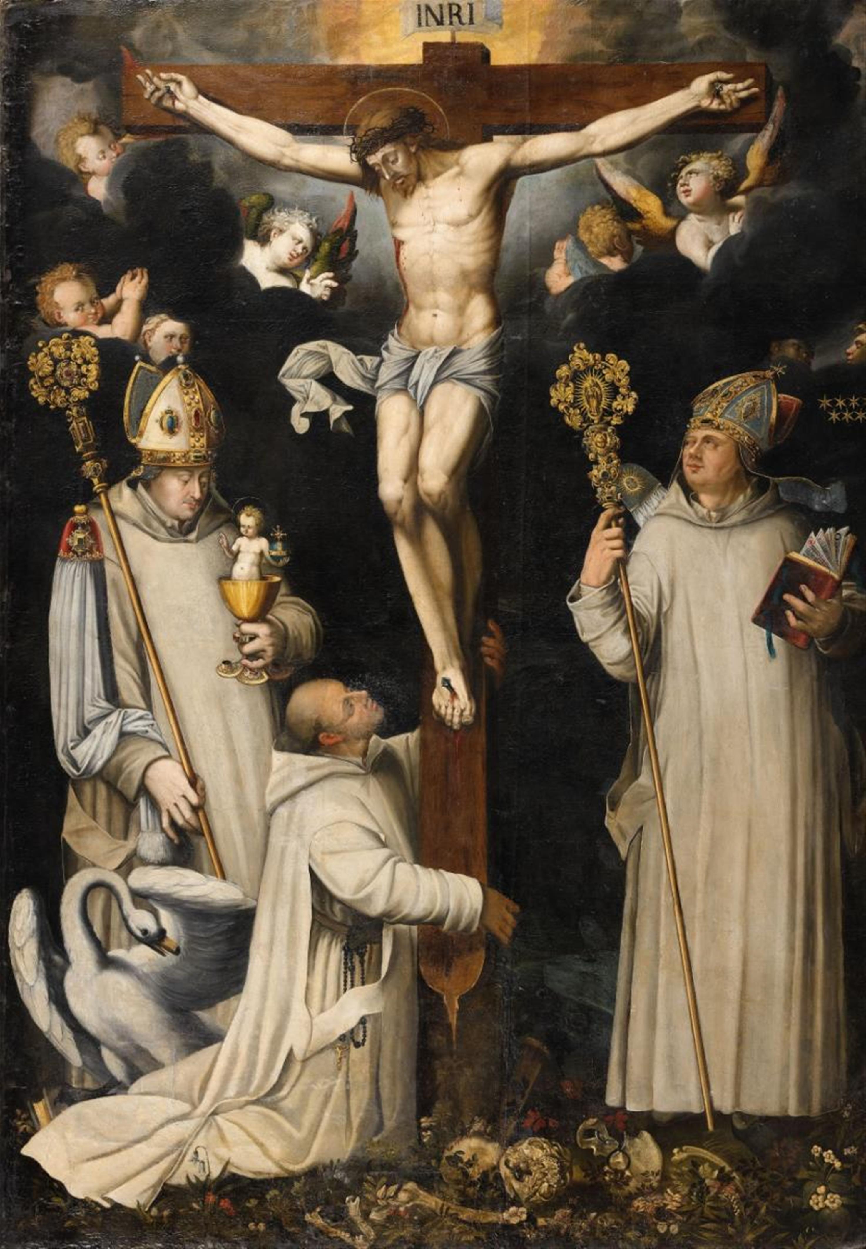 German School circa 1600 - Christ on the Cross with Saint Bruno, Hugh of Lincoln and Hugh of Châteauneuf - image-1