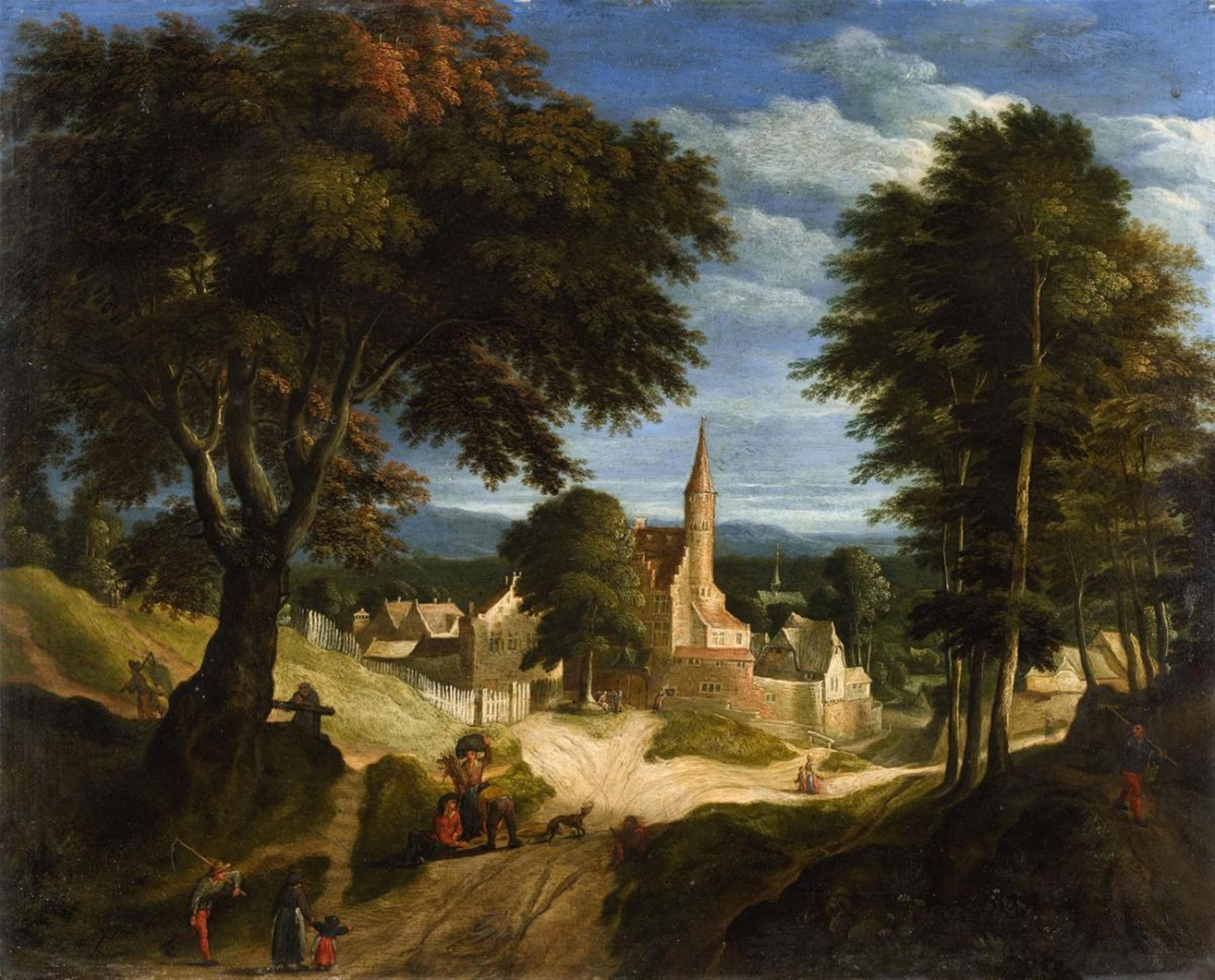 Flemish School of the 17th century - A Landscape with Peasants and a Village - image-1