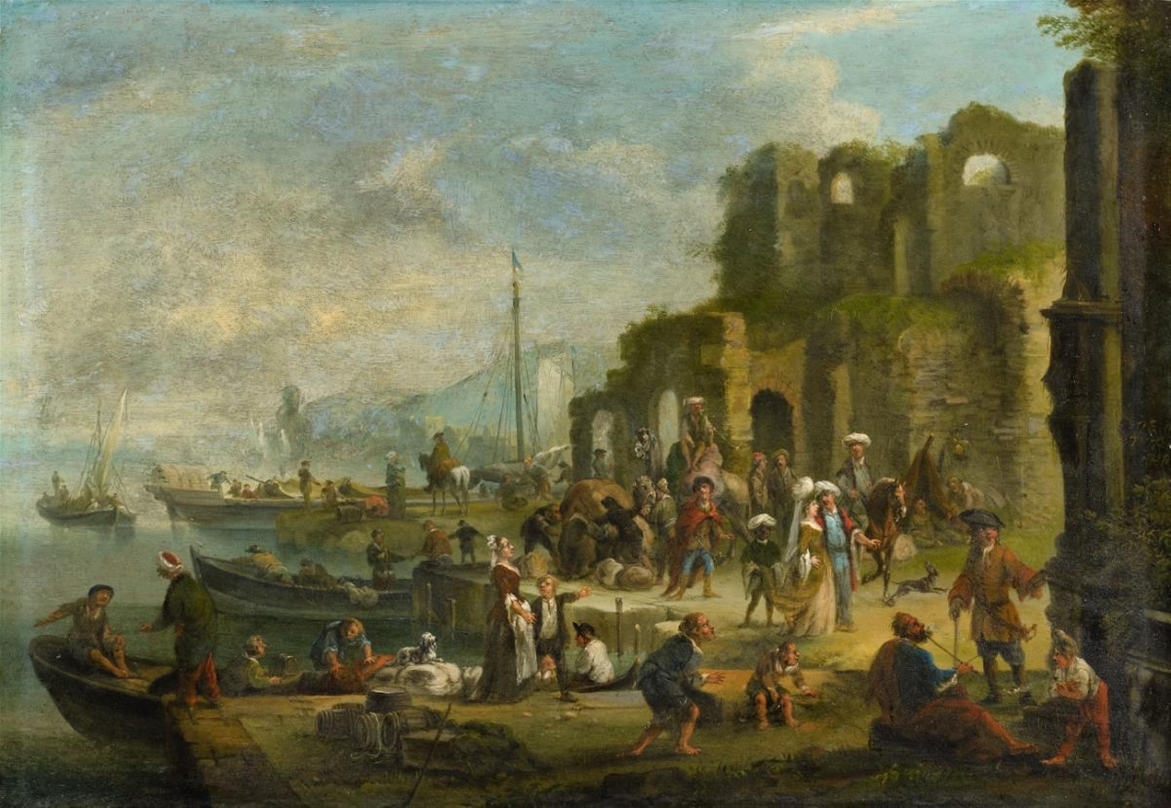 Flemish School of the 17th century - Two Harbour Scenes with Figures - image-2