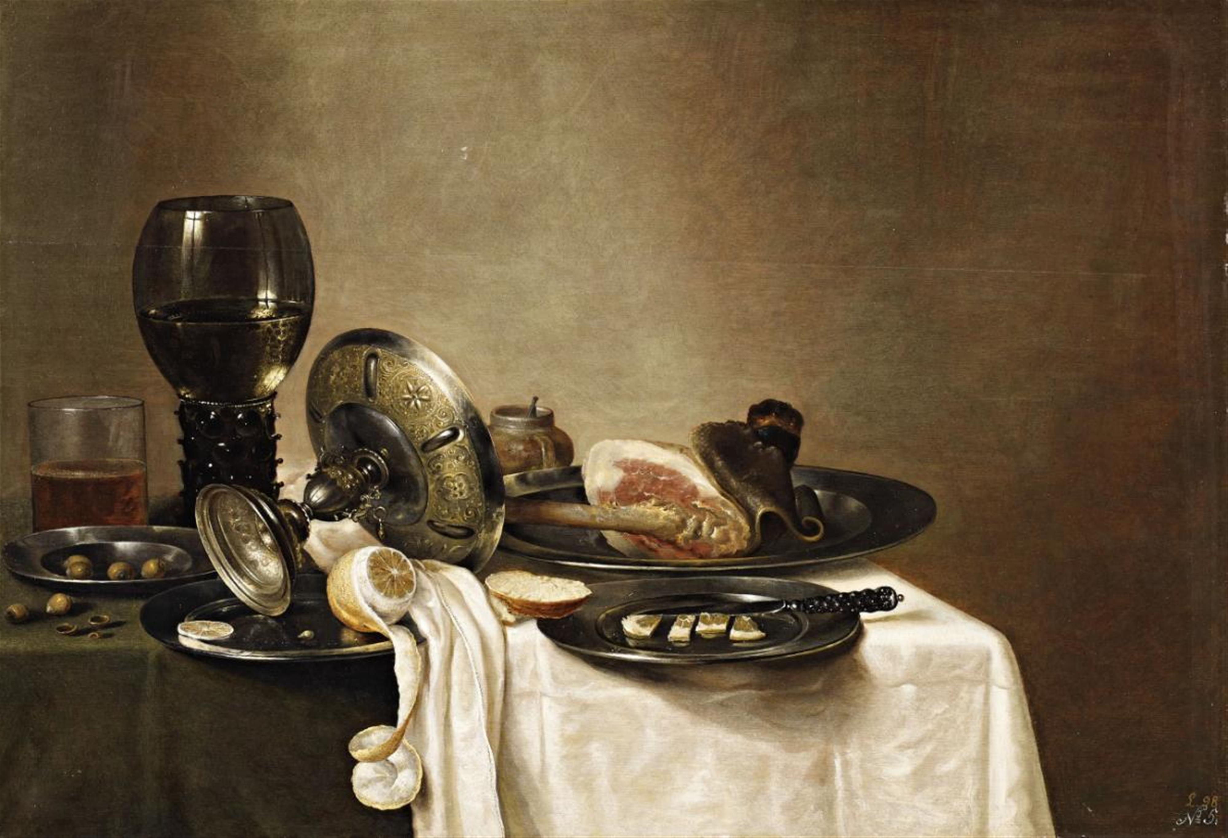 Gerret Willemsz. Heda, studio of - Still Life with a Leg of Lamb, a Peeled Lemon, two Glasses and Pewter Dishes on a Table - image-1