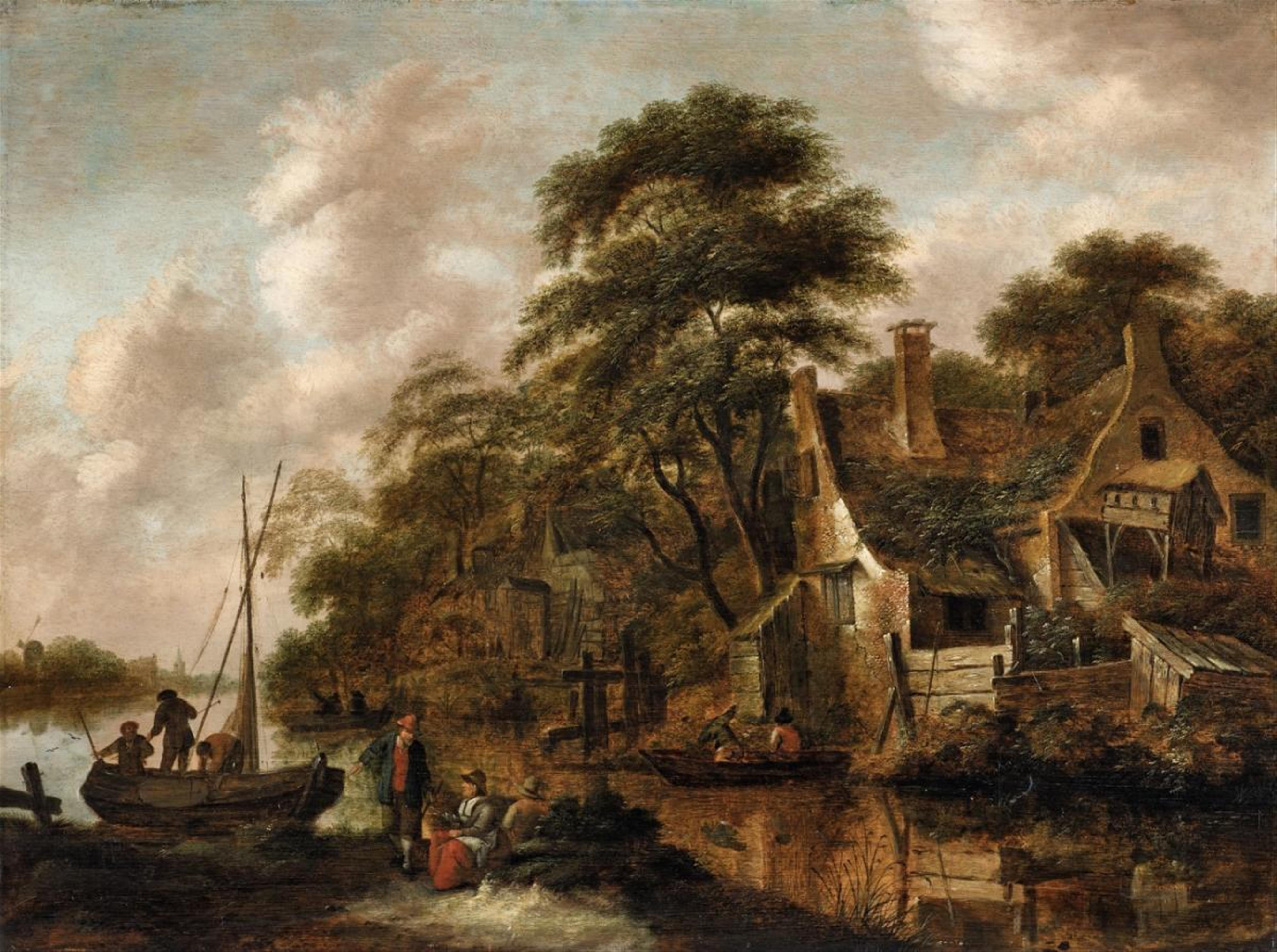 Cornelis Gerritsz. Decker, zugeschrieben - Großes Gehöft am Flussufer mit reicher Staffage - image-1