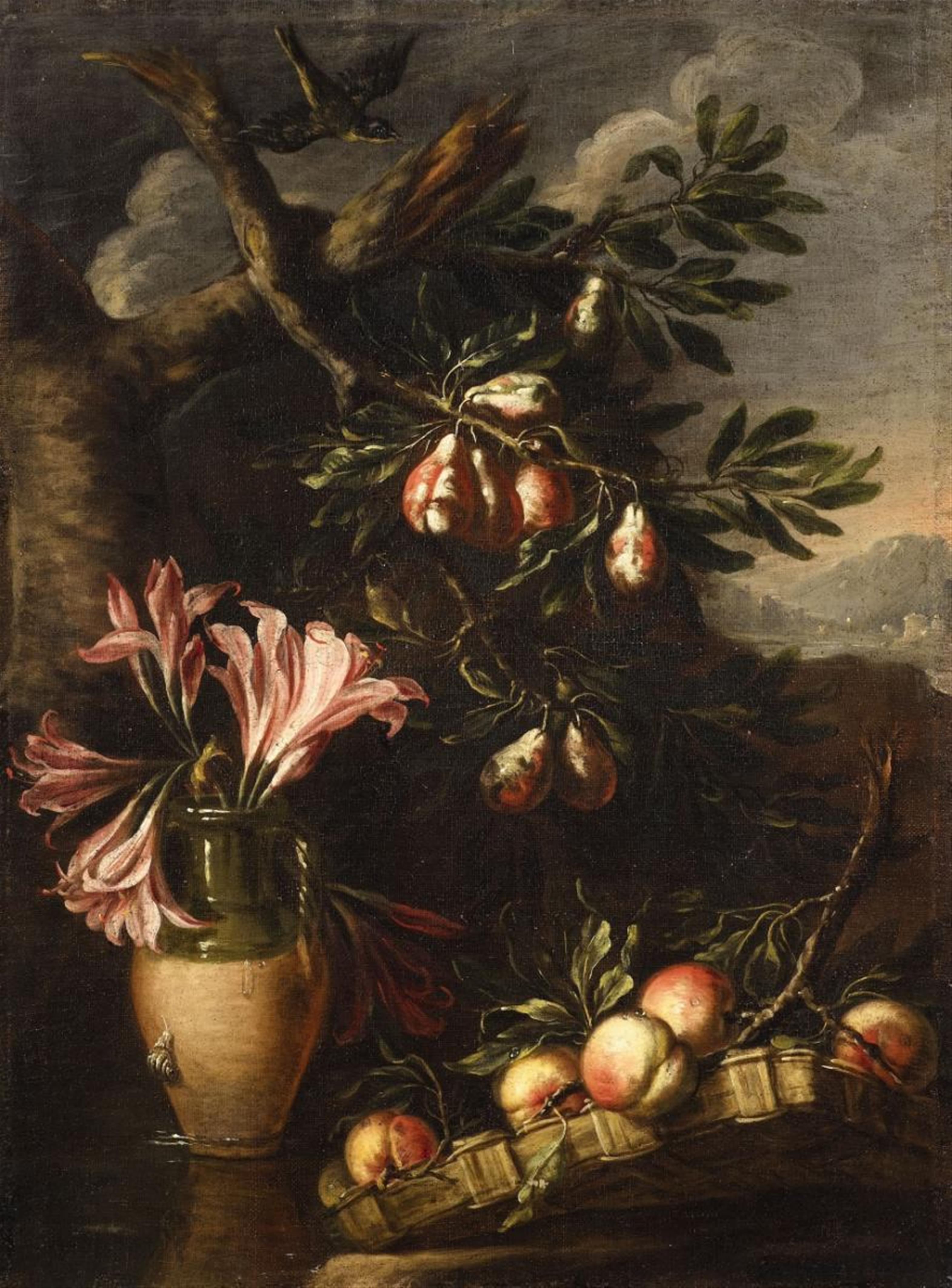 Felice Boselli - Vase with Lilys and Fruit Branches before a Landscape - image-1