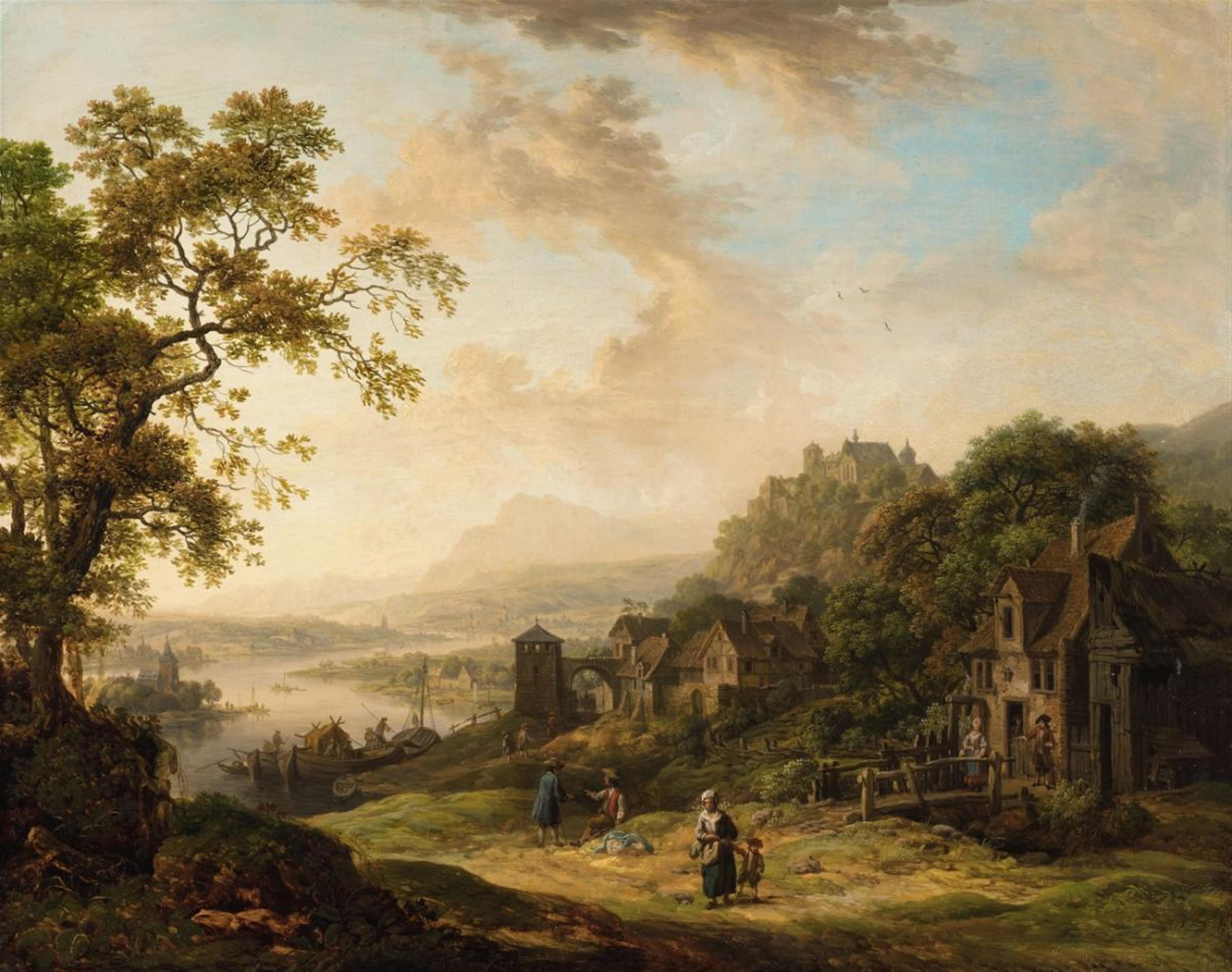 Christian Georg Schütz the Elder - Rhine Landscape with a Rambler, a Village and a Castle Rhine Landscape with Resting Travellers, a Bridge and a Village - image-2