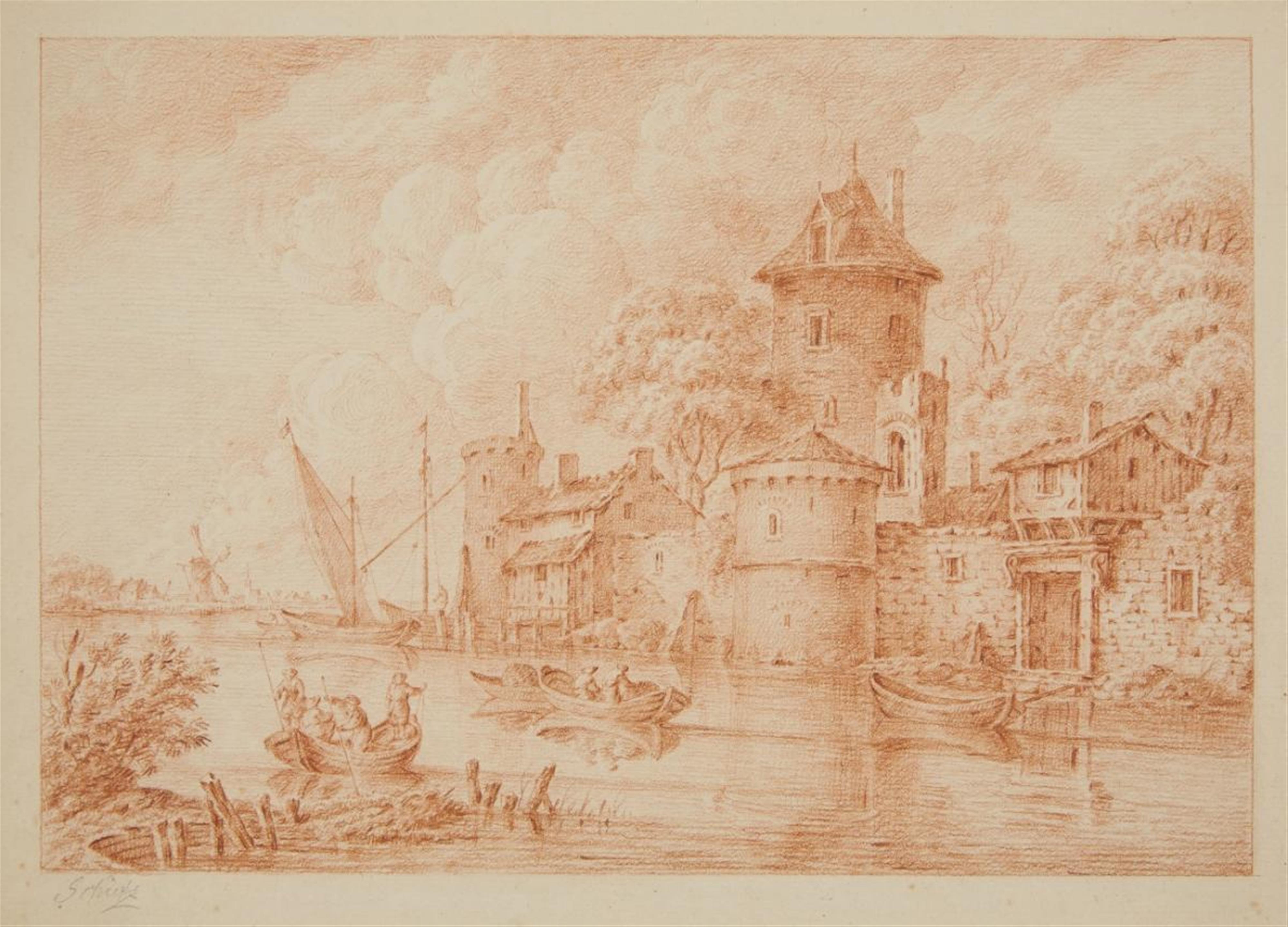 Unbekannter Meister wohl 18. Jahrhundert - Flusslandschaft mit Burgturm und beladenen Booten - image-1