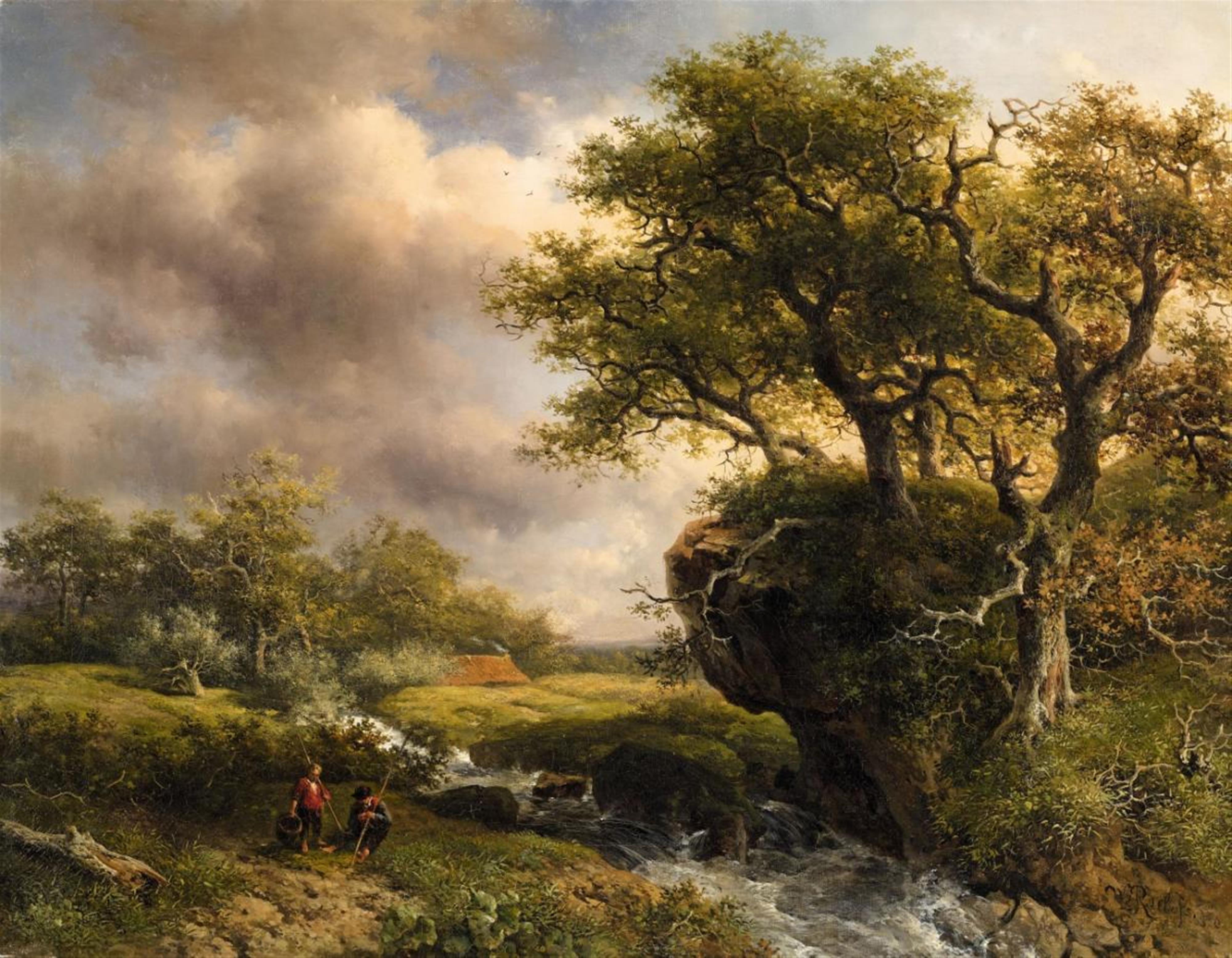 Willem Roelofs - Landscape with a Stream and Two Anglers - image-1