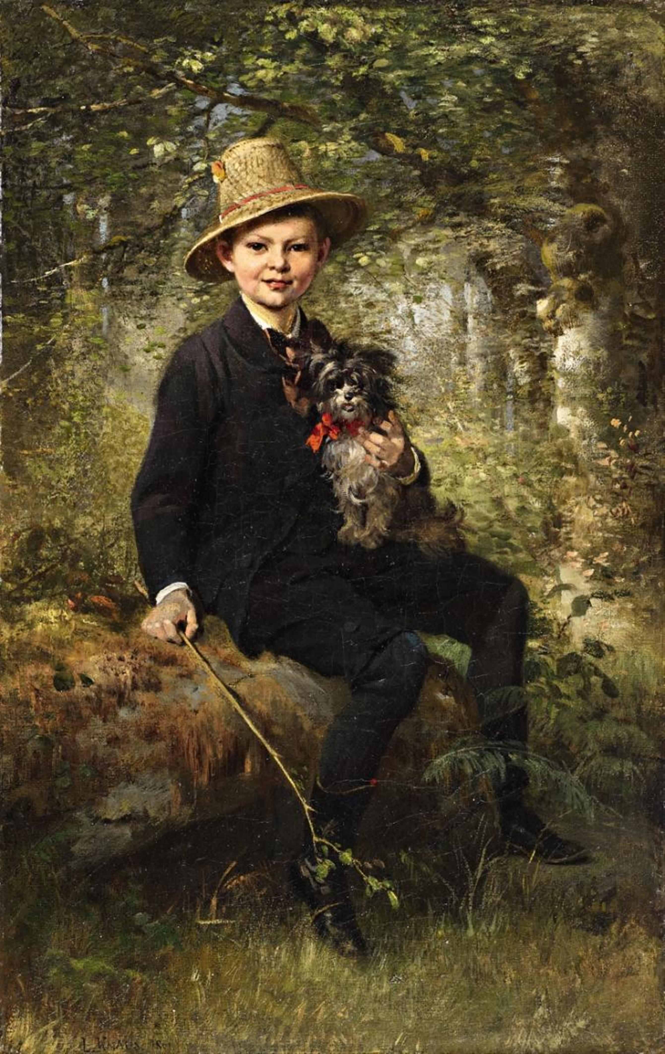Ludwig Knaus - Portrait of a Boy with a Dog in a Forest - image-1