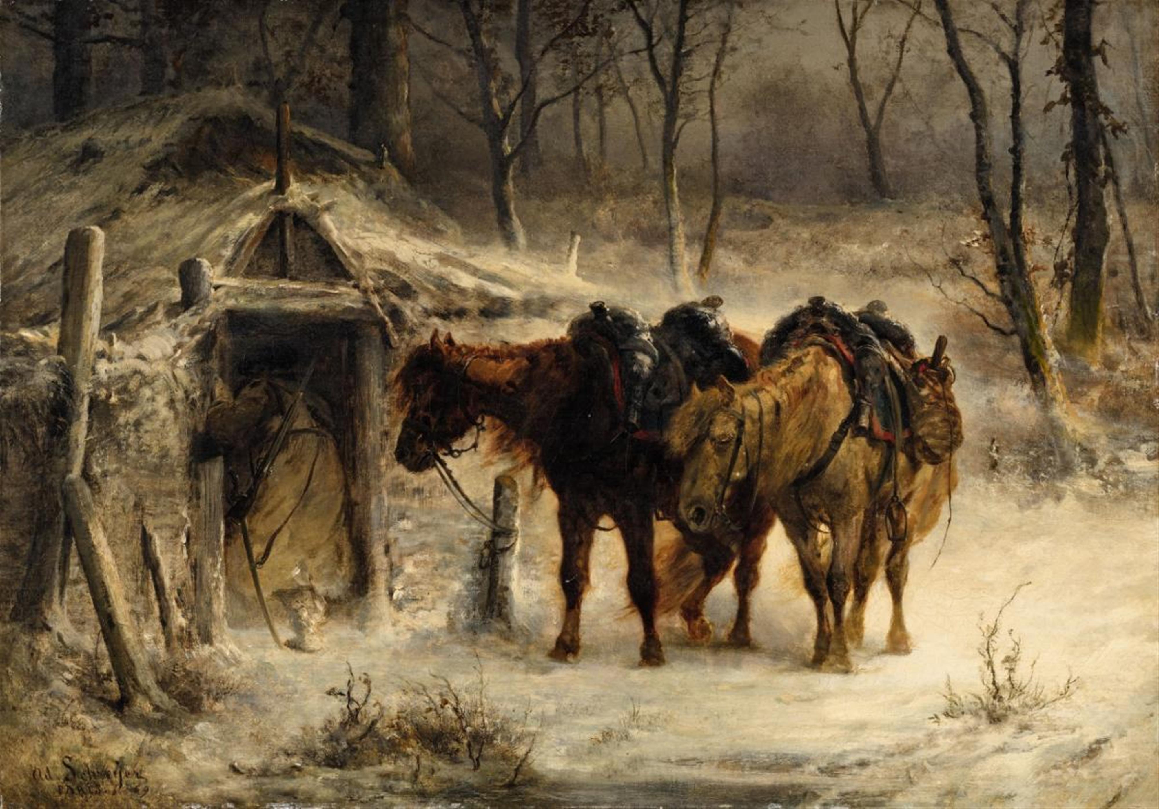 Adolf Schreyer - Winter Landscape with a Huntsman and Horses - image-1