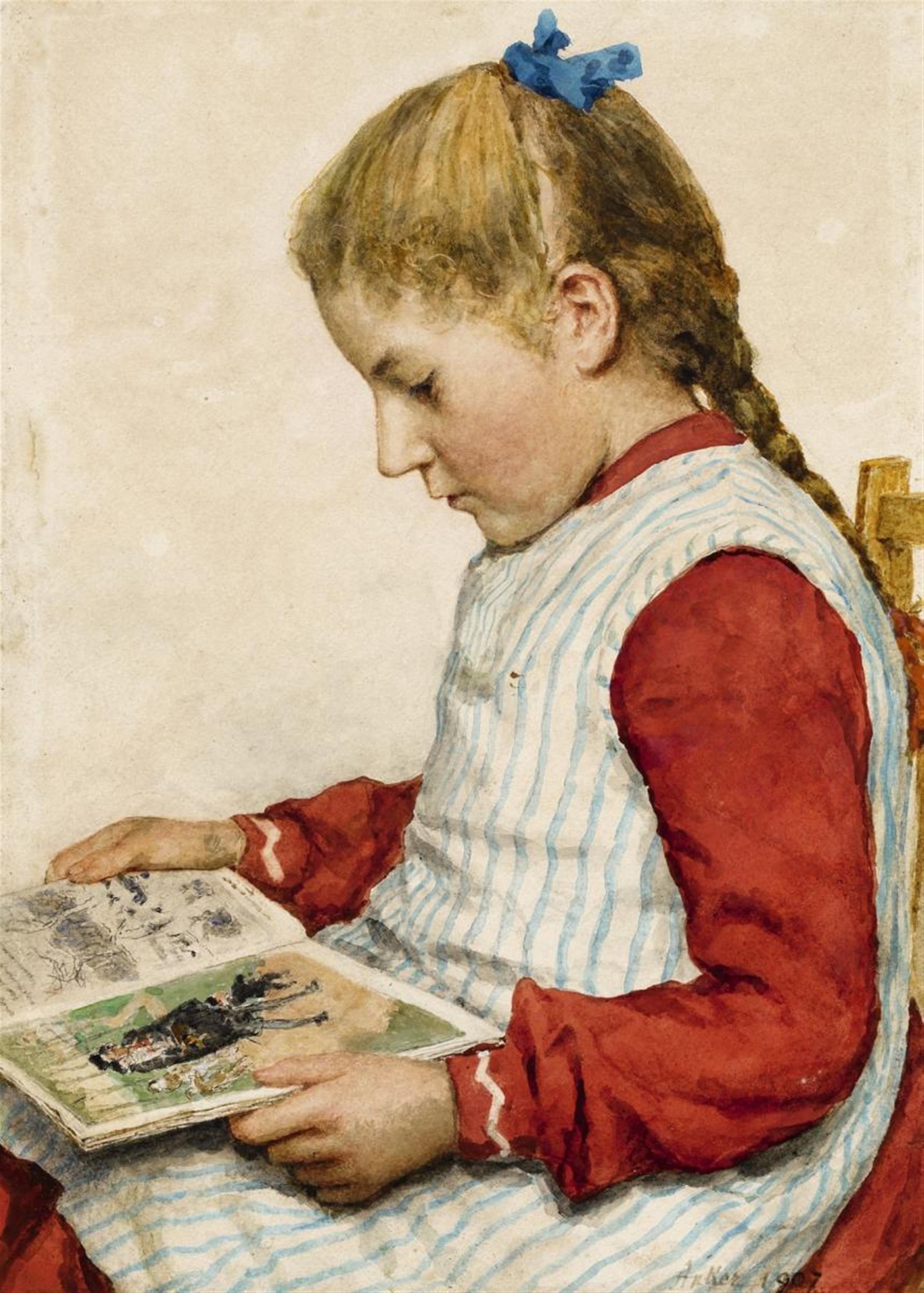 Albert Anker - A Girl Looking at a Book - image-1