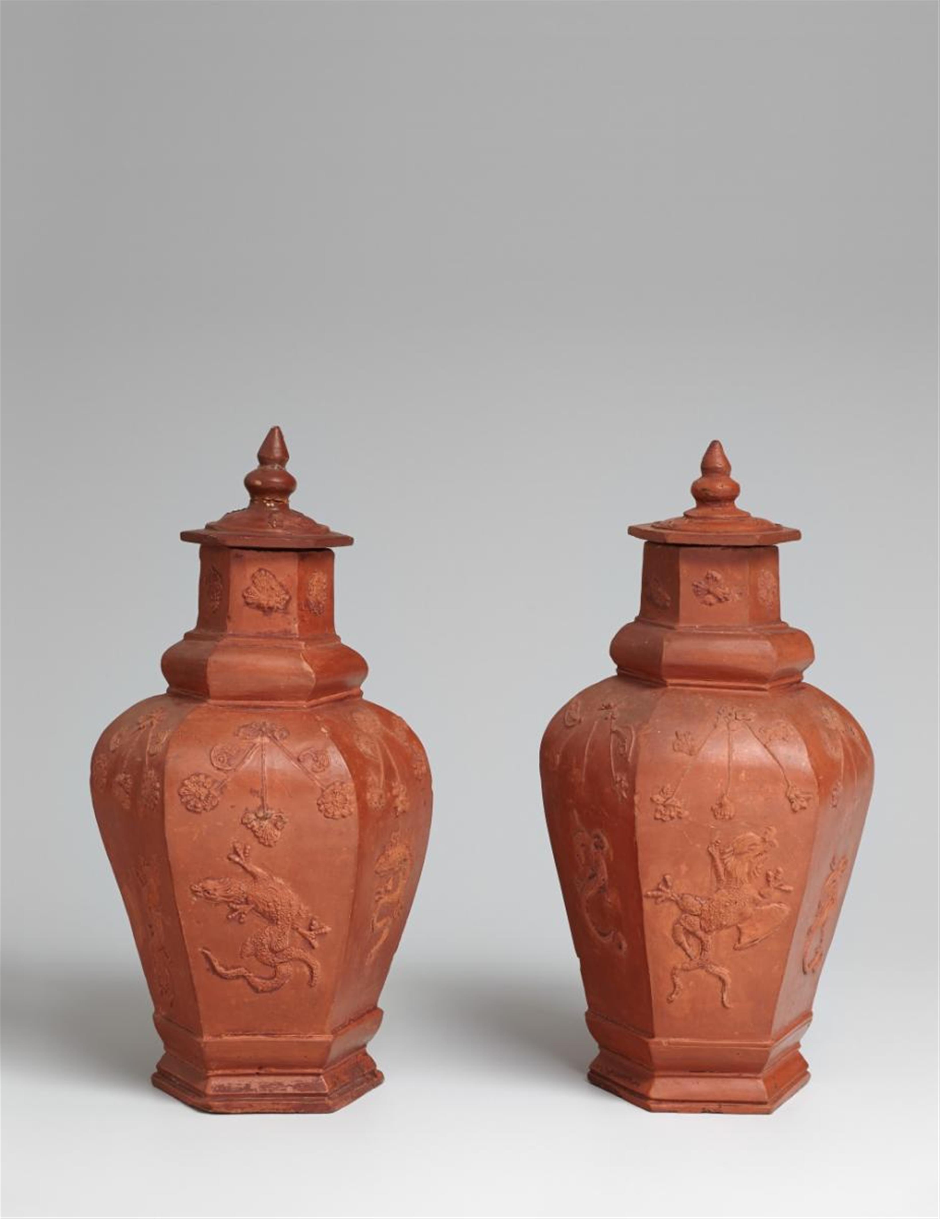 A rare pair of stoneware vases with moulded dragon appliques. - image-1
