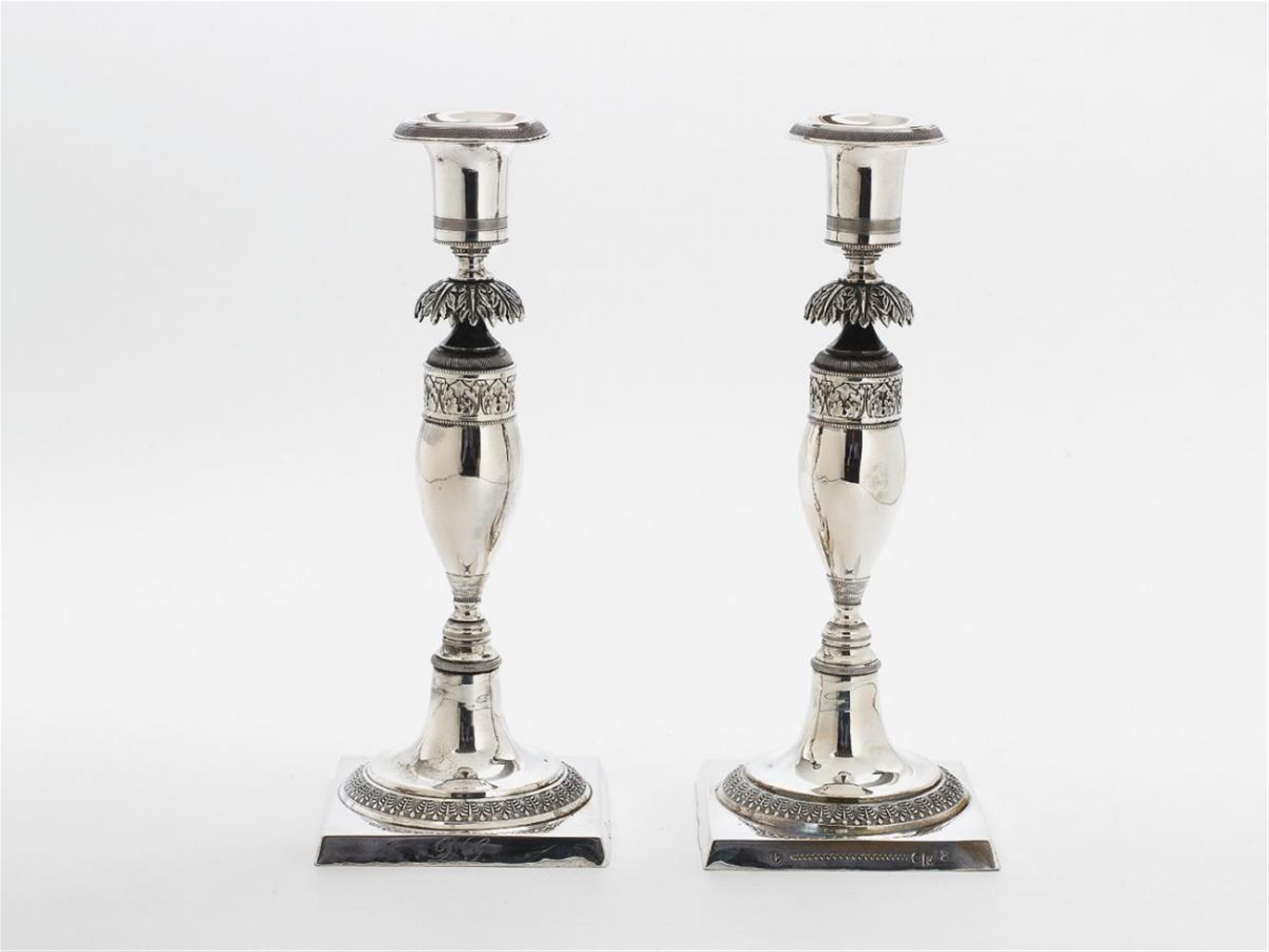 A pair of Berlin silver Biedermeier candlesticks, monogrammed "D.G". - image-1