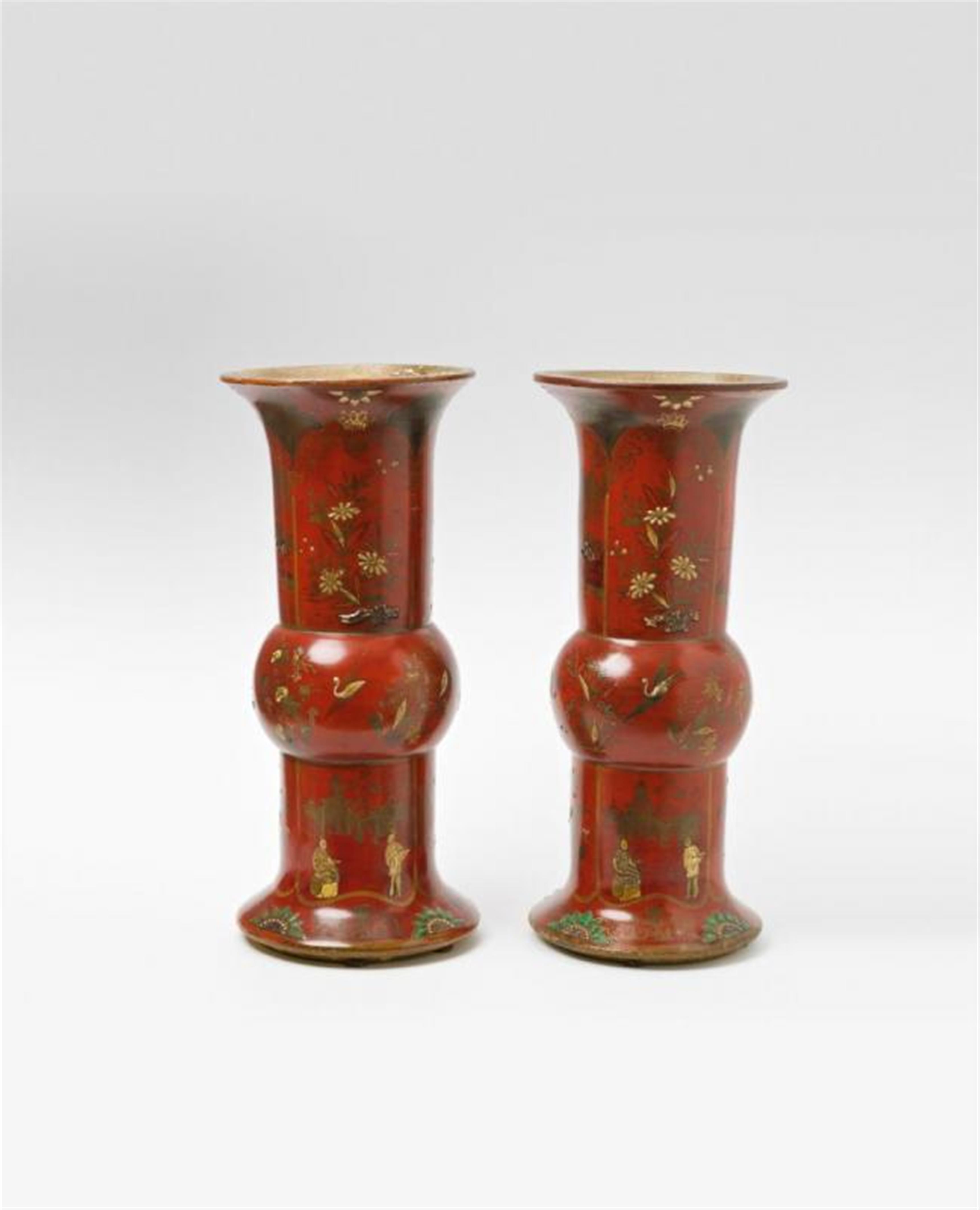 A rare pair of Berlin red lacquer painted faience vases. - image-2