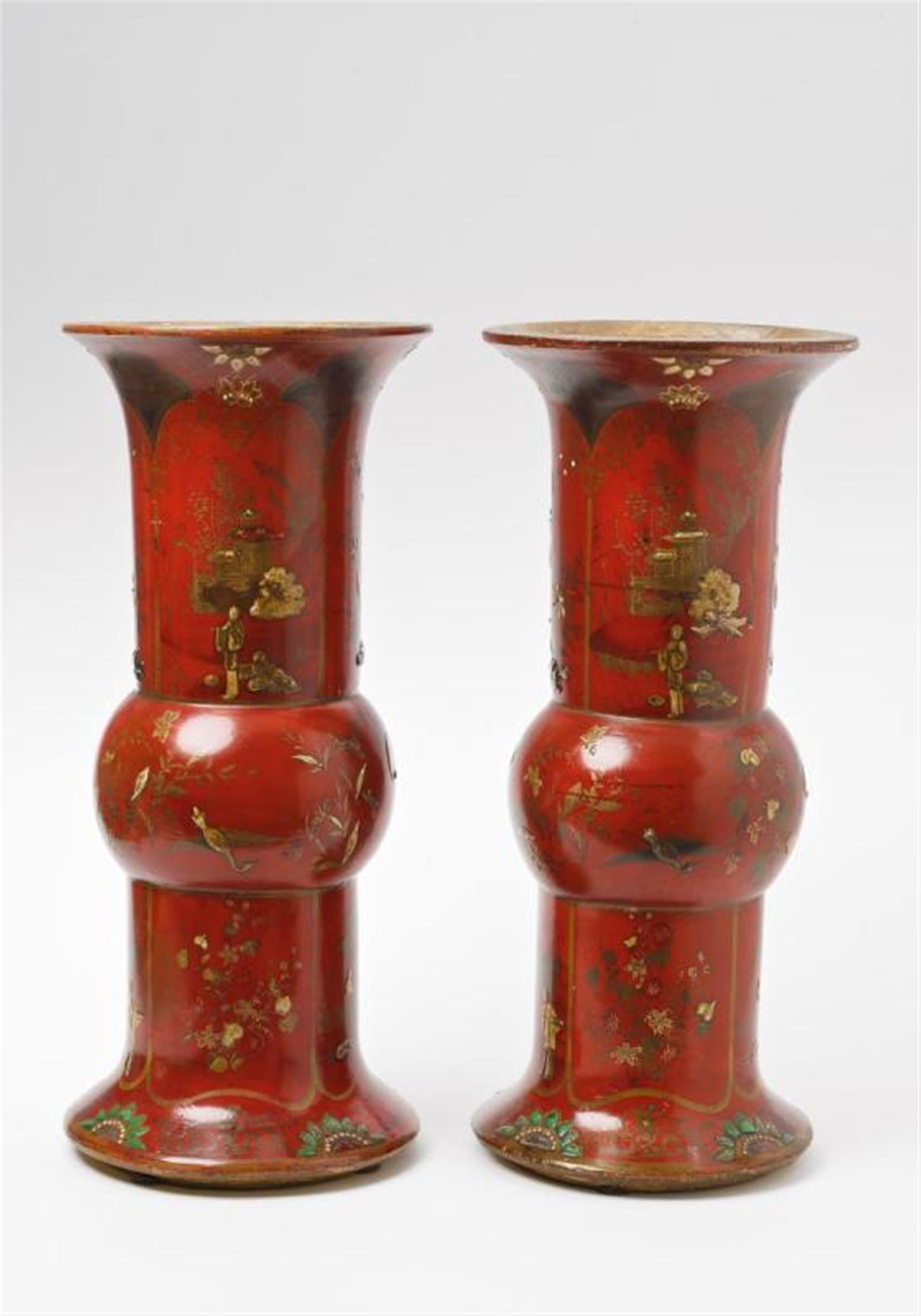 A rare pair of Berlin red lacquer painted faience vases. - image-4