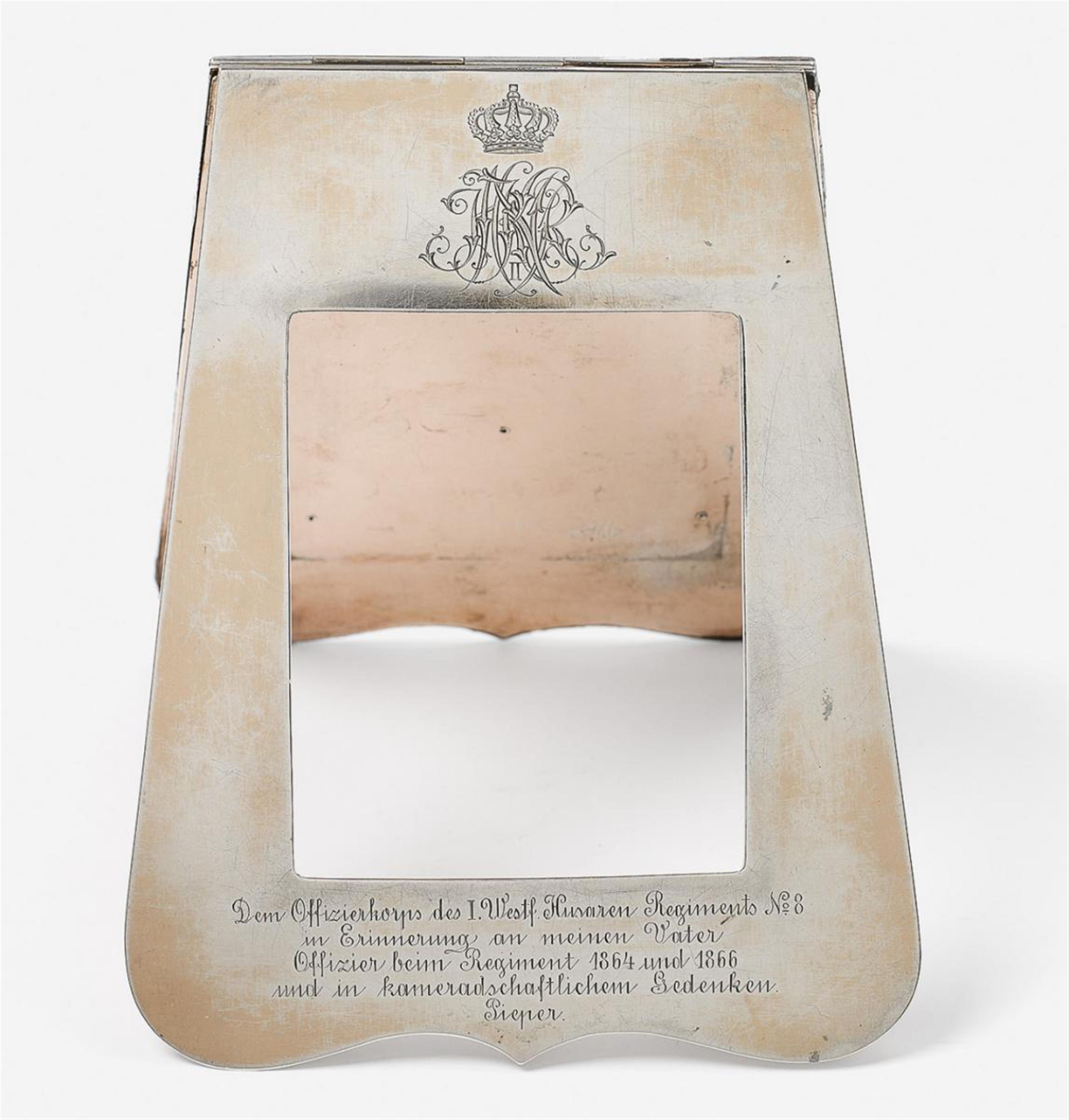 A Cologne silver menu holder with remains of gilt previously belonging to the casino of the 8th Regiment of Prussian Hussars. - image-1