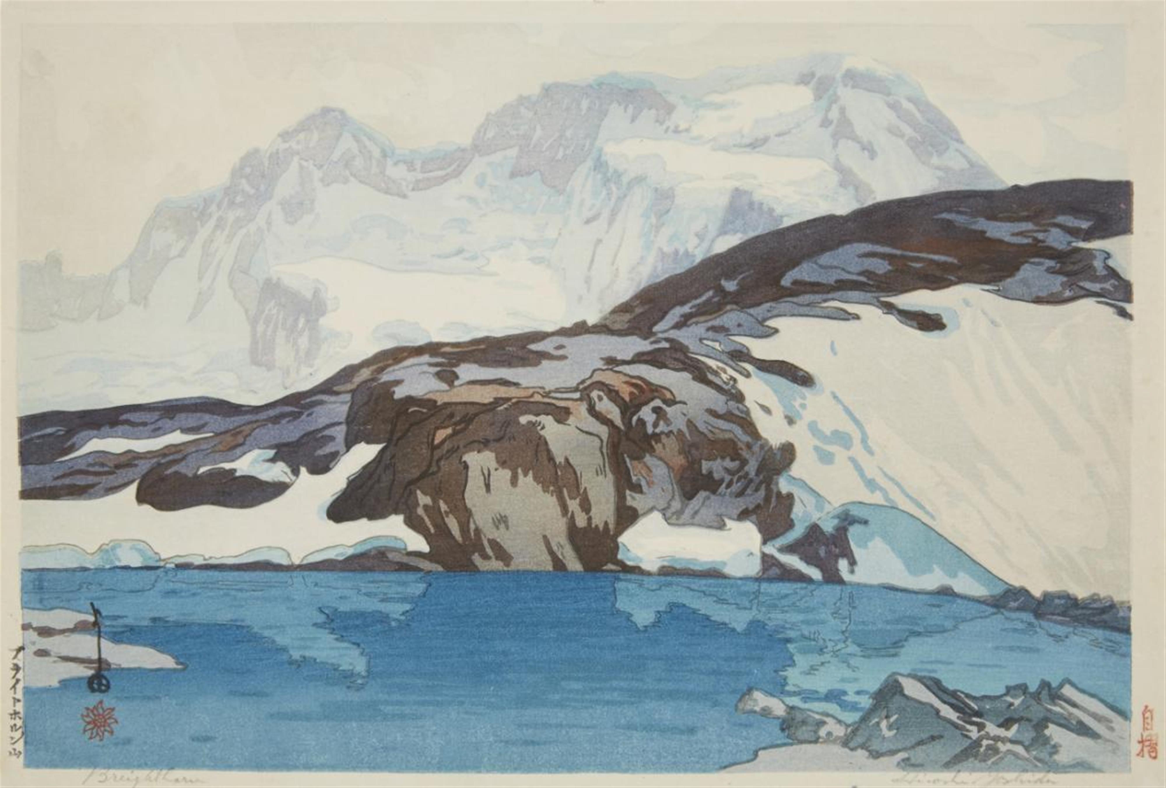 Yoshida Hiroshi - a) 26.9 x 39.3 cm. Title: Buraitohorunyama; Breighthorn [sic] (in pencil). View of mountains, glacier and lake. Signed: Yoshida; Hiroshi Yoshida (in pencil). Seal: Edelweiss. Ji... - image-1