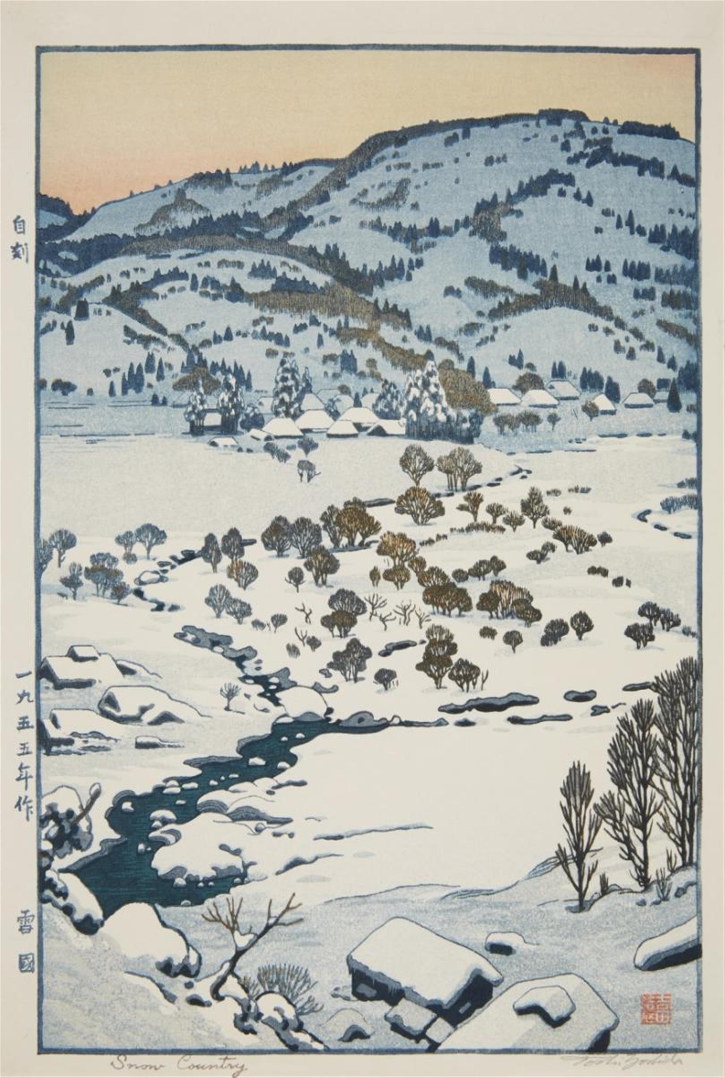 Yoshida Toshi - 40.5 x 27.2 cm, dai-oban. Title: Yukikuni; Snow Country. View of a snow-covered valley with a village. Signed: Toshi Yoshida (in pencil). Seal: Yoshida. Jizuri. Date: 1955. - image-1