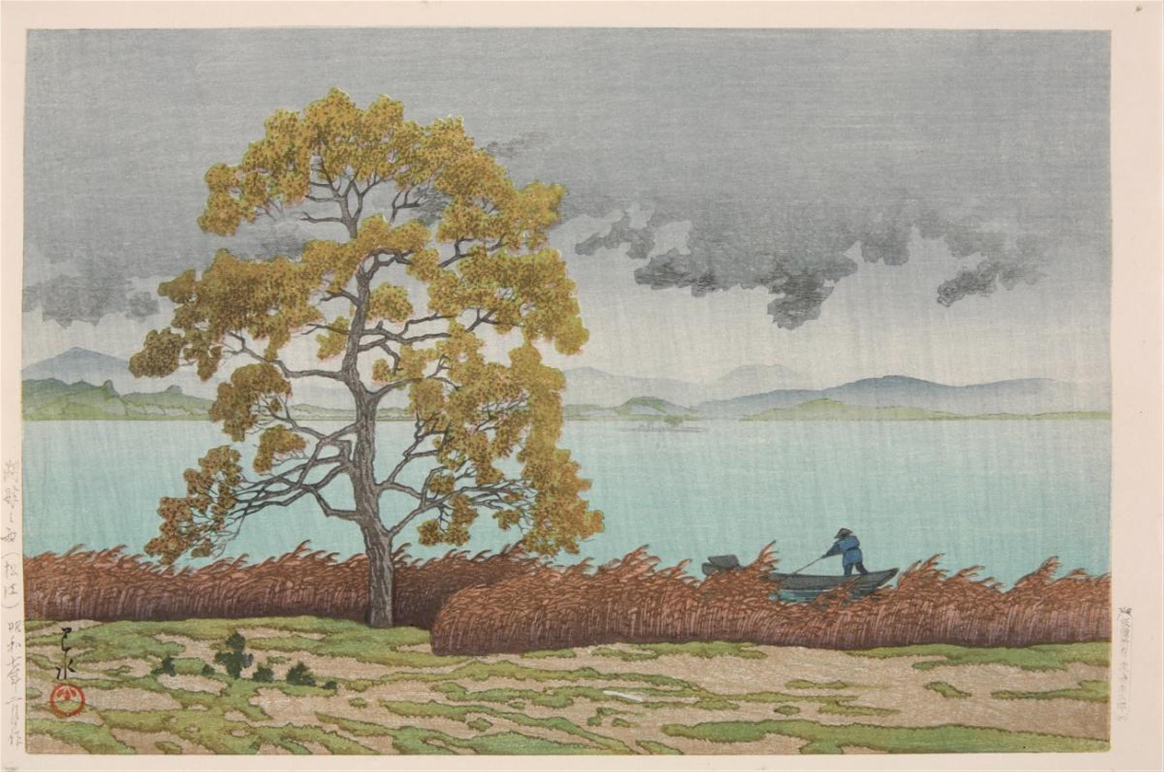 Kawase Hasui - Oban, yoko-e. Title: Chihan no ame (Matsue). Rain shower on the lake. Signed: Hasui. Seal: Kawase. Publisher: Watanabe Shosaburo. Date: Showa 7 (1932). Stamped on verso: Made in... - image-1