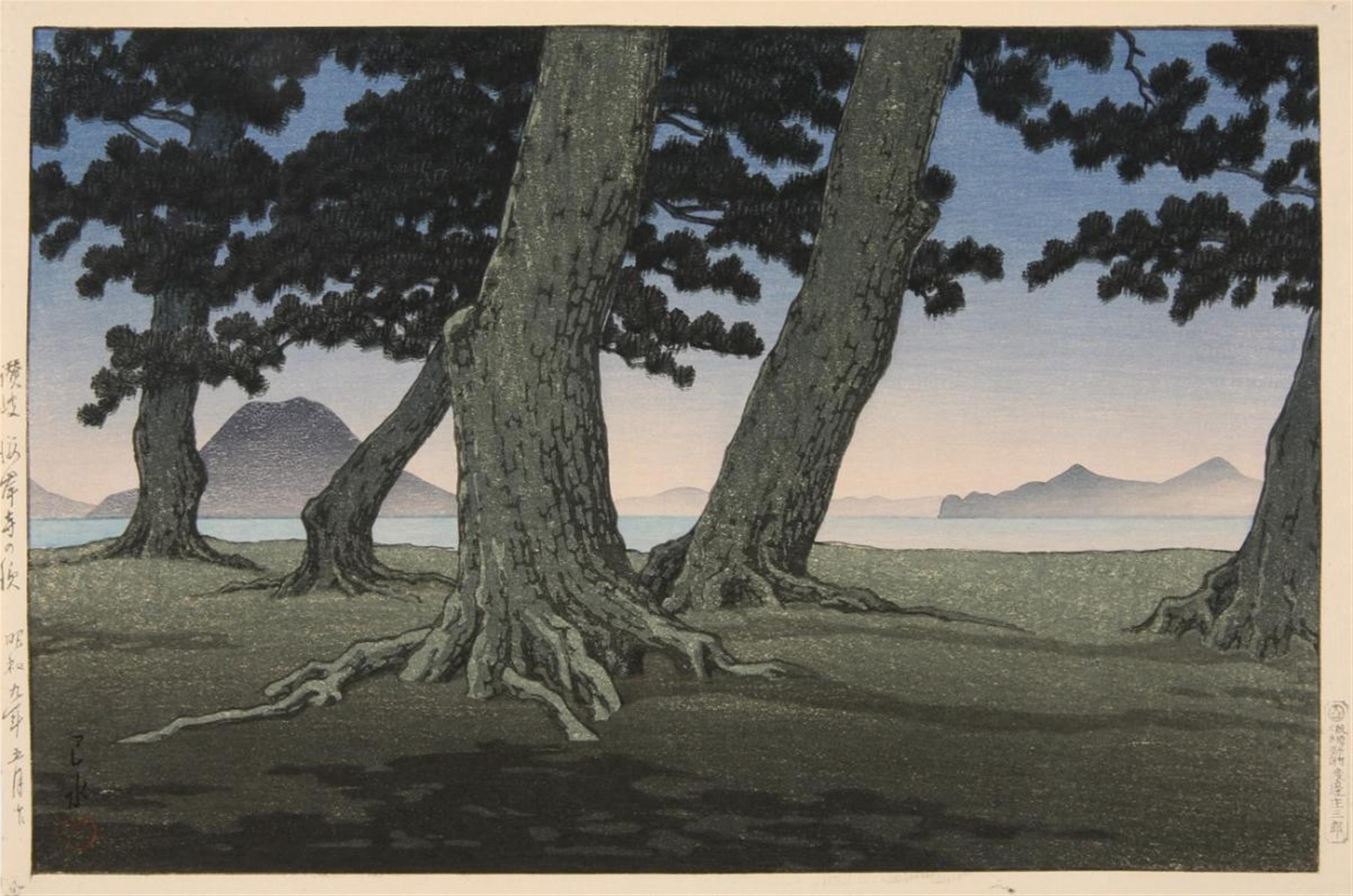 Kawase Hasui - Oban, yoko-e. Series: Nihon fukei shu II Kansai hen. Title: Sanuki Kaigan Teranohama. Sunset through the pine trees on the beach. Signed: Hasui. Seal: Kawase. Publisher: Watanab... - image-1