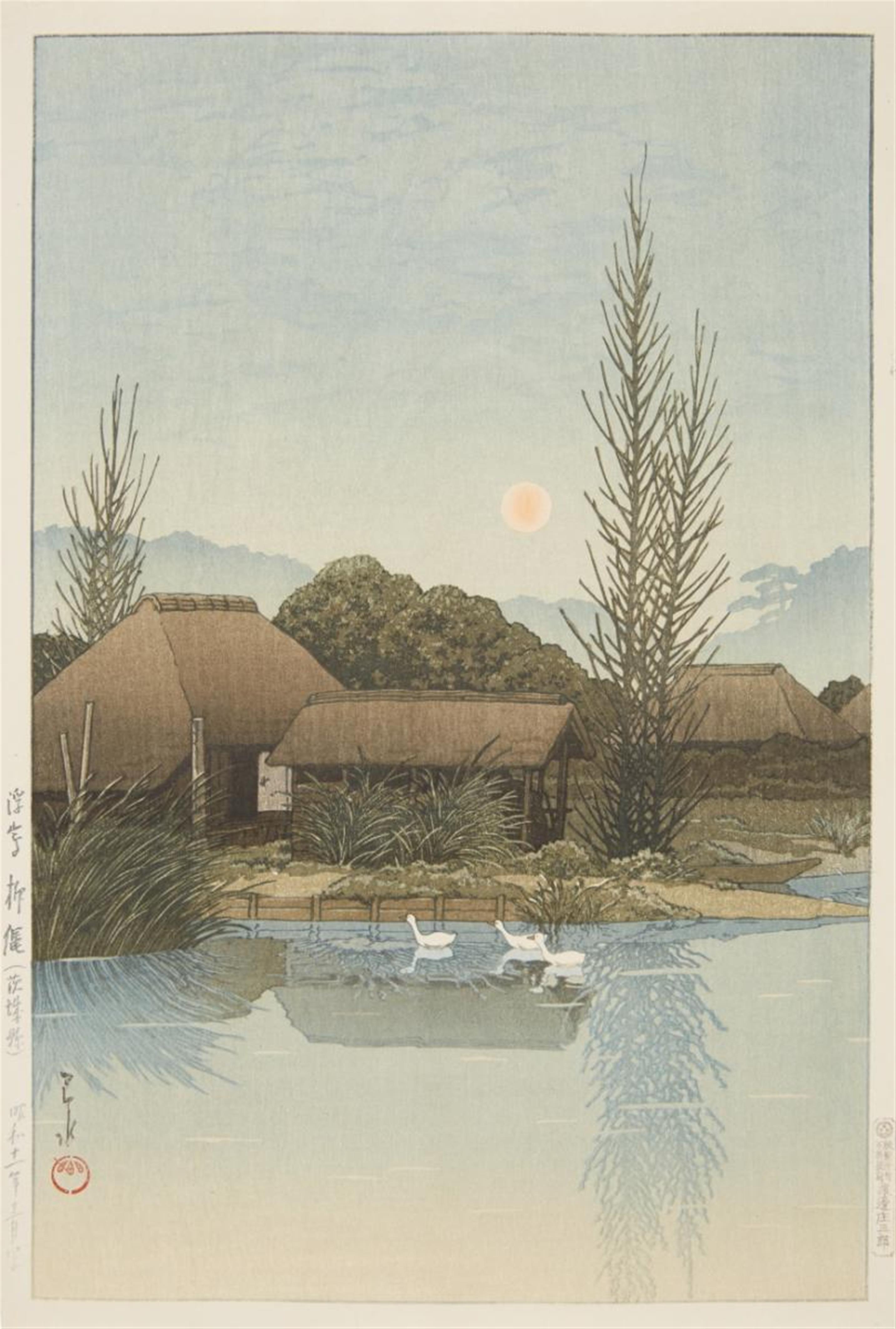Kawase Hasui - Oban, yoko-e. Title: Ukishima Yanagigawa (Ibaragi). Geese on lake in front of a farmhouse. Signed: Hasui. Seal: Kawase. Publisher: Watanabe Shosaburo. Date: Showa 11 (1936). - image-1