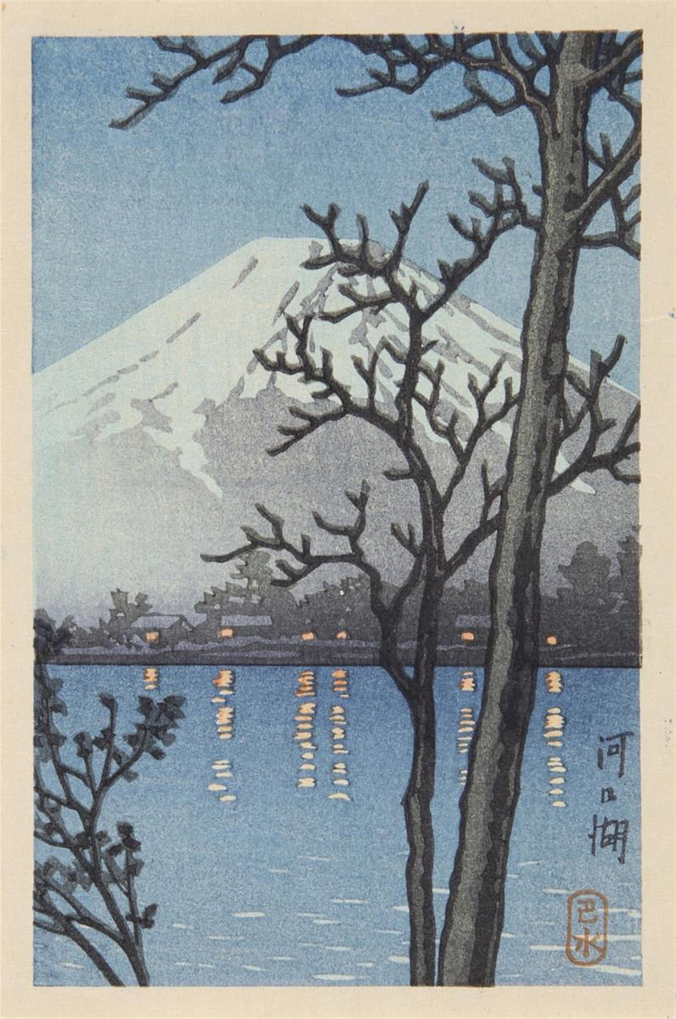 Kawase Hasui - Group of 18 postcard prints. Different sizes (17.7 x 11.5 cm; 15.7 x 10.5 cm; 9.9 x 15 cm) and one double postcard format. Landscapes and cityscapes through the seasons. Seals: ... - image-7