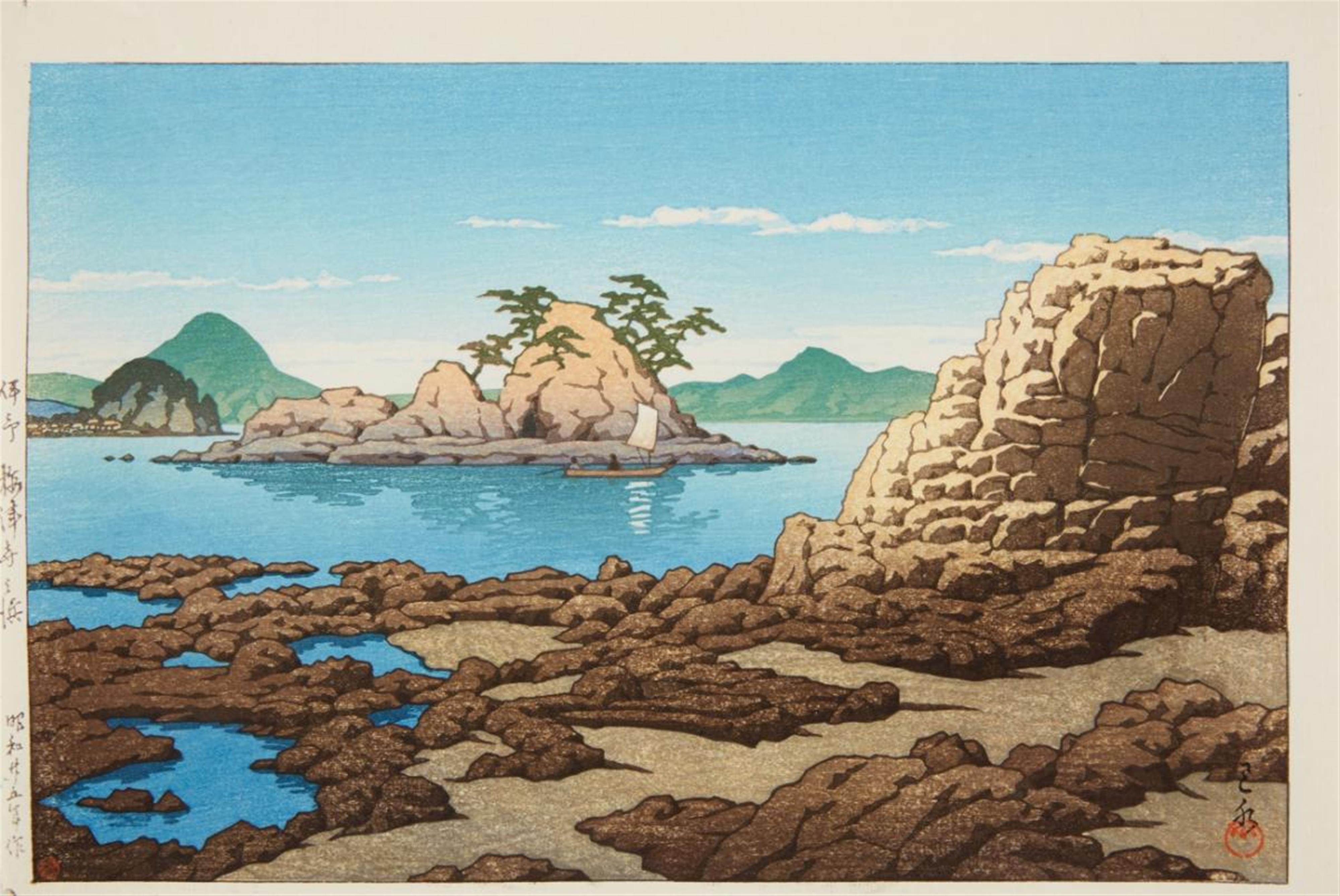 Kawase Hasui - Oban, yoko-e. Title: Iyo Baishinji no hama. Rocky beach in late afternoon. Signed: Hasui. Seal: Kawase. Publisher: Watanabe Shosaburo. Date: Showa 25 (1950). - image-1