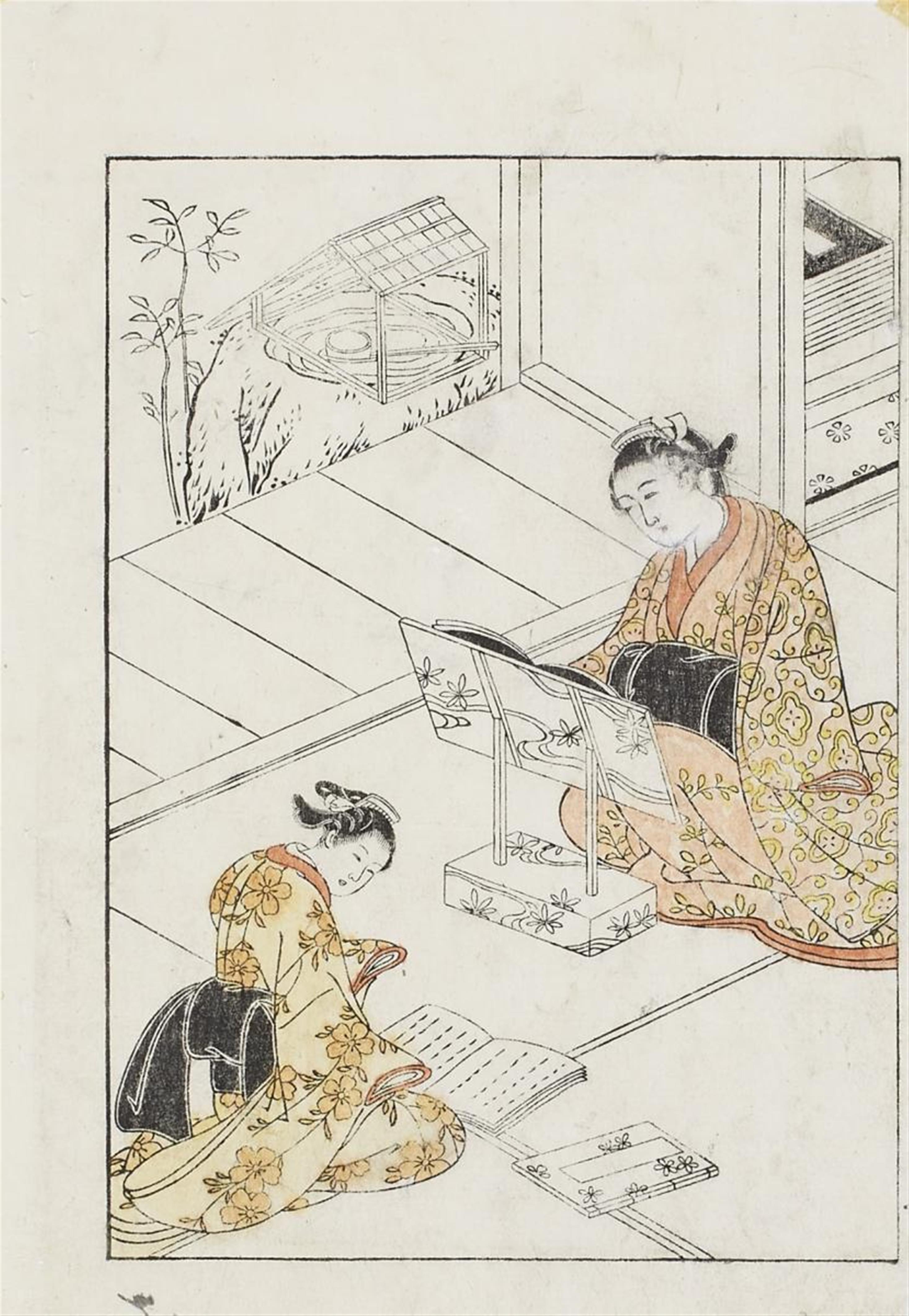 Sukenobu Nishikawa and
andere Künstler of the 18th century - Group of 13 single and double page black-and-white and colour illustrations, some with hand colouration, from various books. Virtuous scenes and scenes around a tea house, actor... - image-1