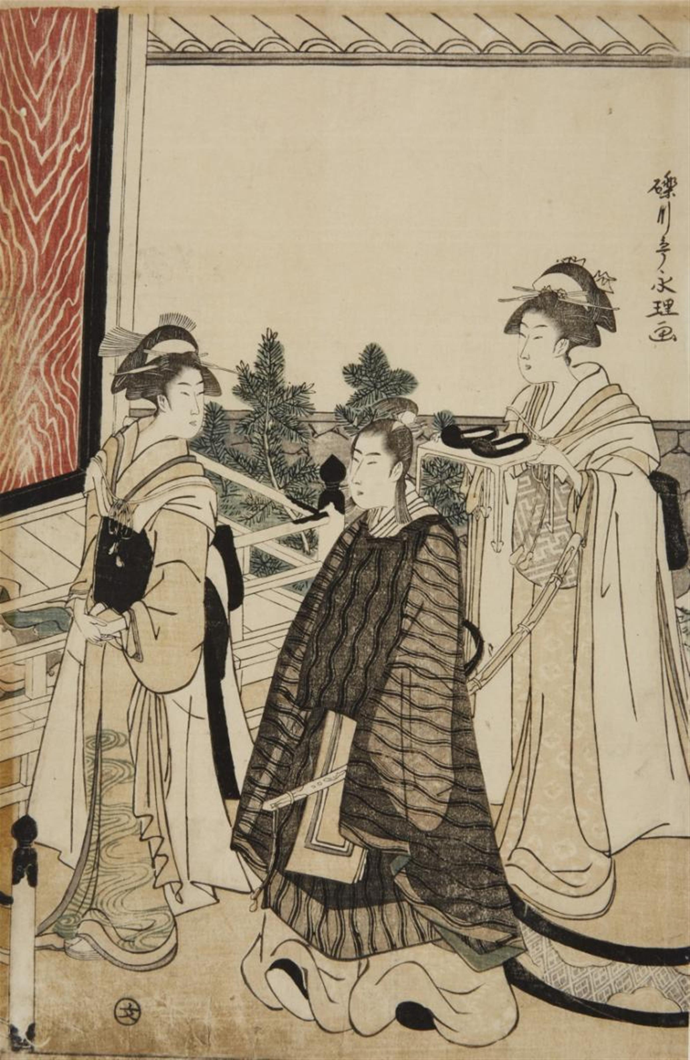 Hosoda Eiri - Oban, part of a pentaptych. Prince Genji at his coming-of-age ceremony. Signed: Rekisentei Eiri ga. Publisher: Maruya Bun'emon. - image-1