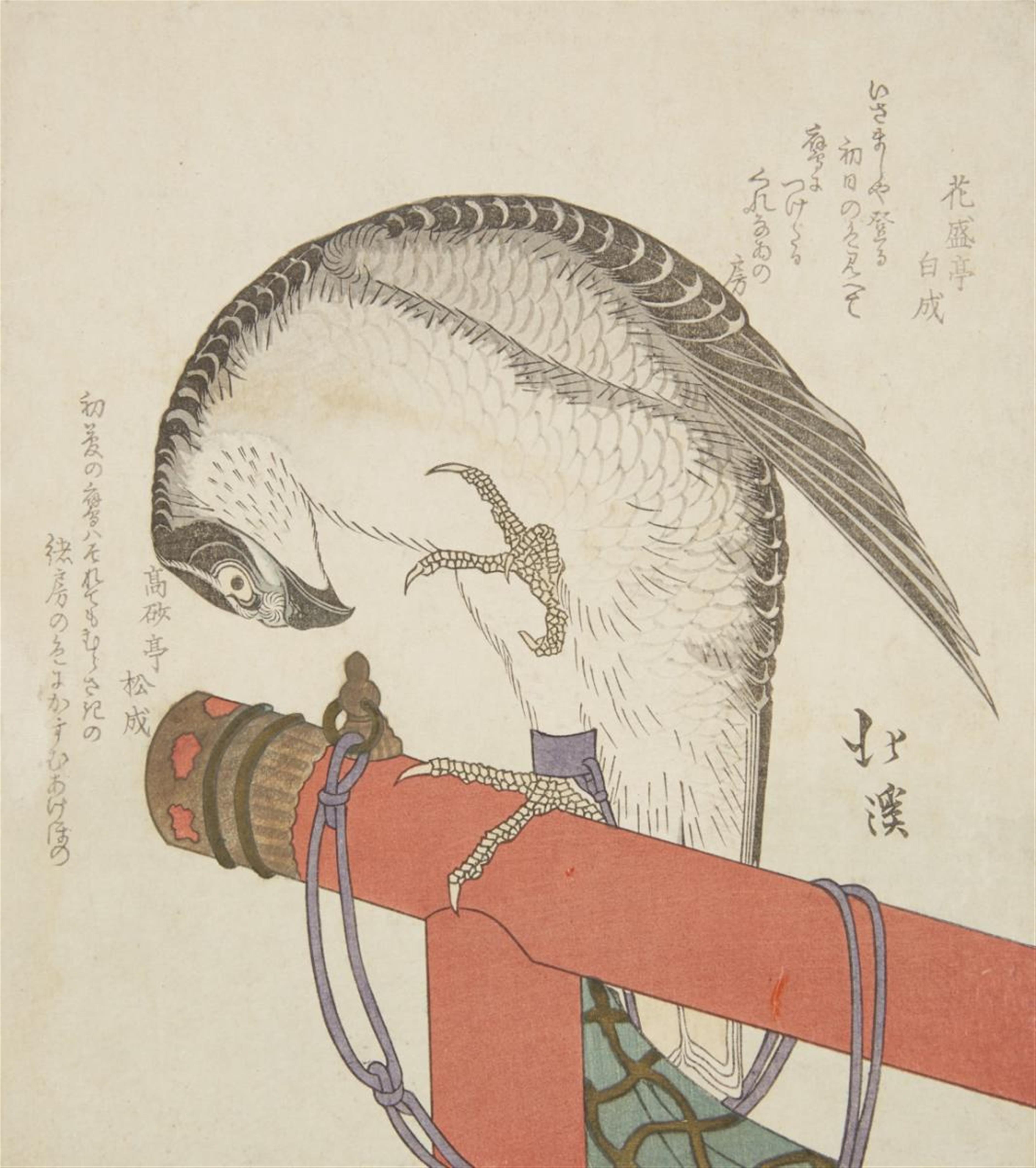 Various Artists of the 19th century - Five surimono, kakuban, A copies. Included are a.o. Totoya Hokkei (falcon), Yashima Gakutei (Ono no Tofu) and Yanagawa Shigenobu (Urashima Taro). (5) - image-2
