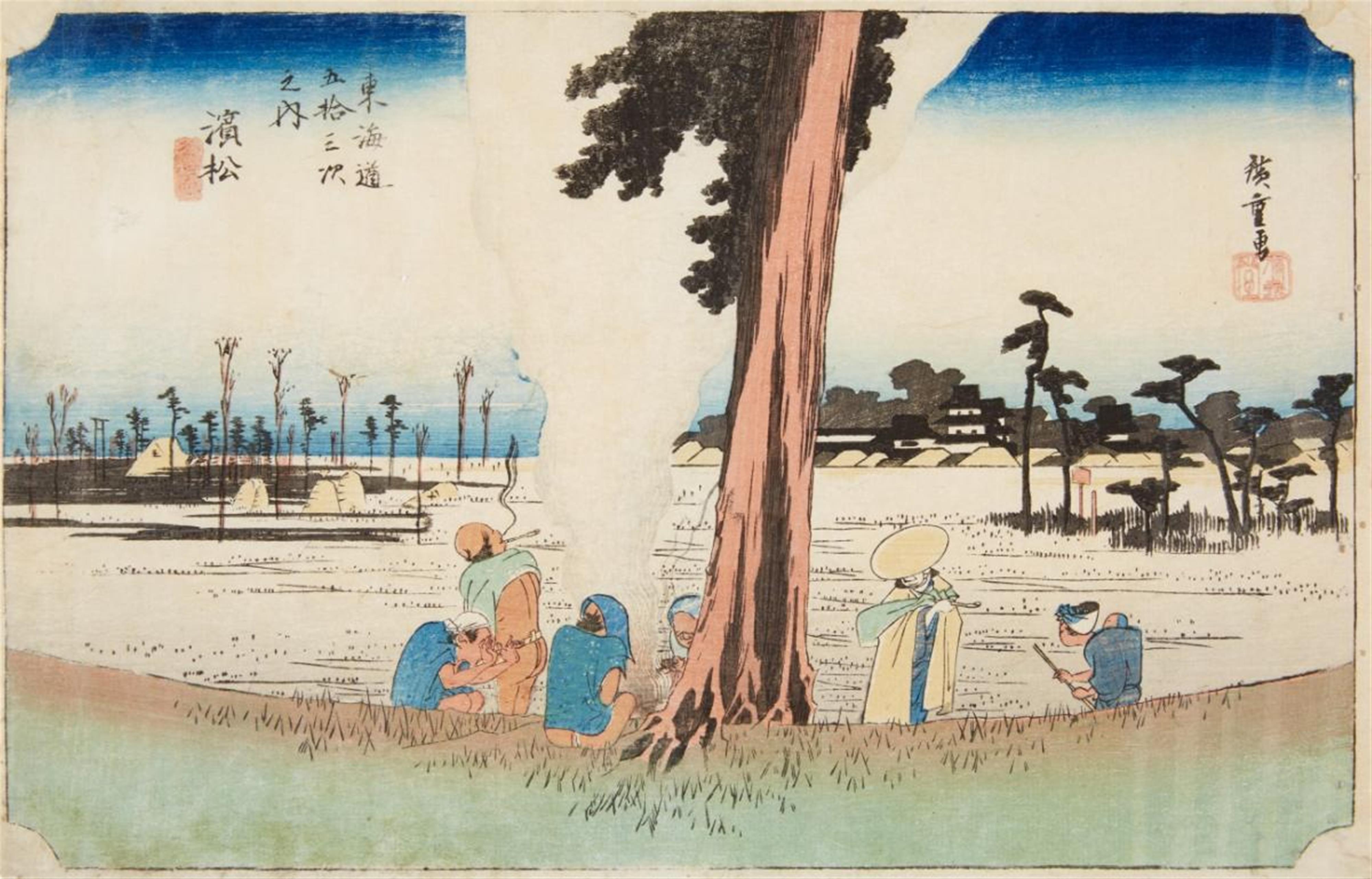 Utagawa Hiroshige - Oban, yokoe. Series: Tokaido gojusan tsugi no uchi. Title: Minakuchi, meibutsu kanpyo. Women preparing long and thin strips of gourd, a Minakuchi specialty. Signed: Hiroshige ga... - image-1