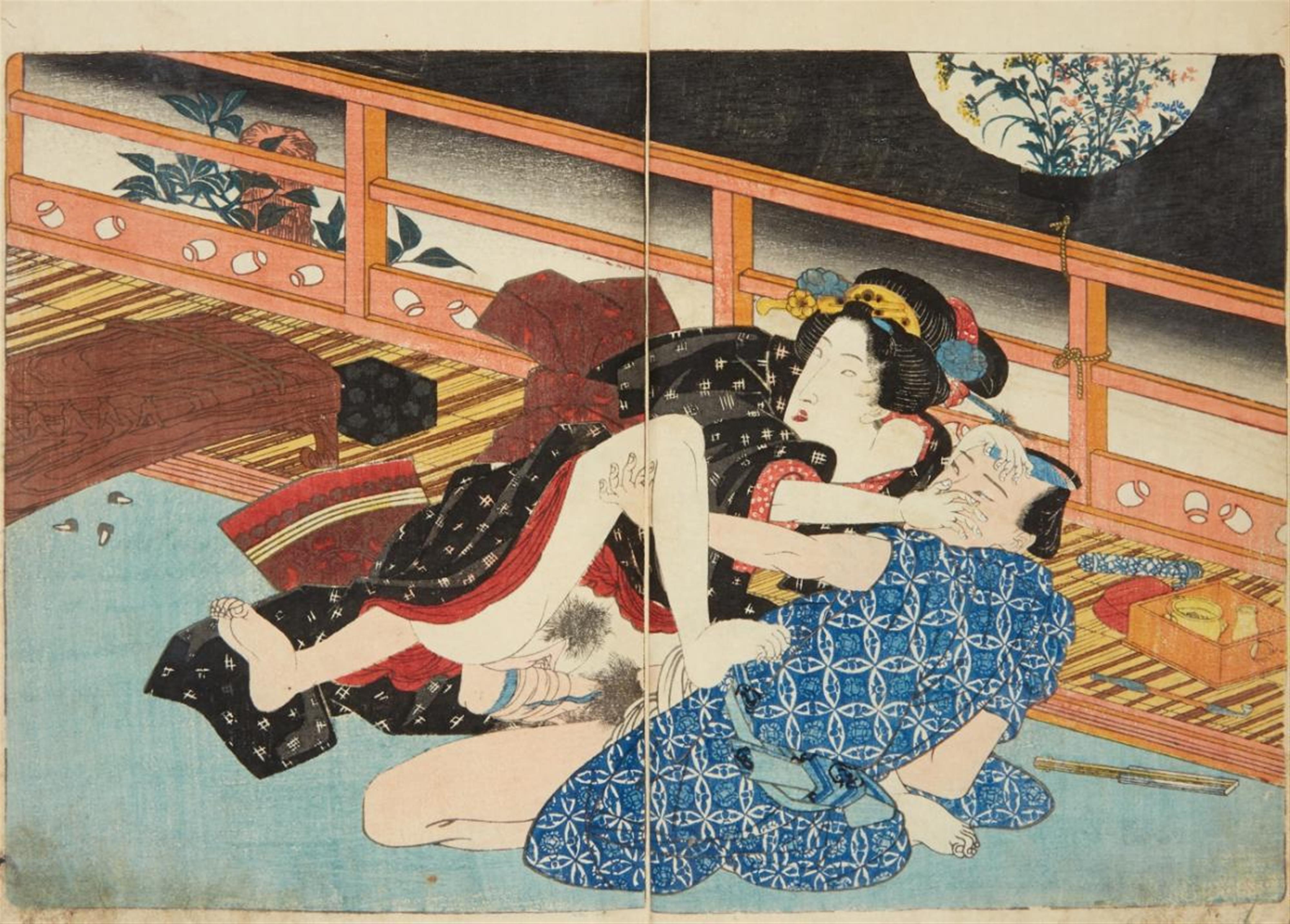 Utagawa Kunisada - 25.5 x 19.1 cm. Erotic album. Title: (Shunka shuto) Shiki no nagame. Volume two from a set of four. One page introduction/poem, five double page colour illustrations with erotic... - image-1