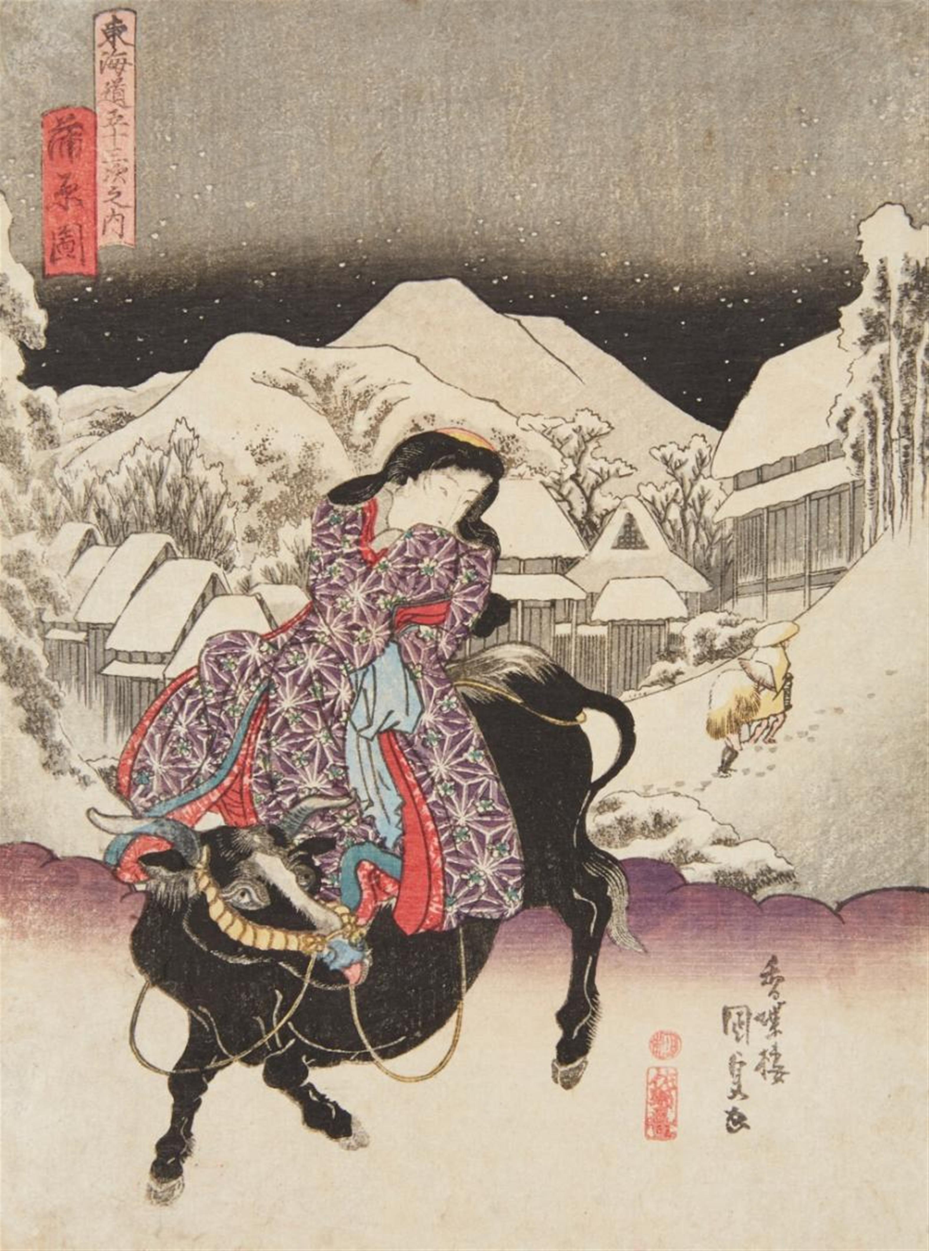 Utagawa Kunisada - Chuban. Serie: Tokaido gojusan tsugi no uchi. Titel: Kanbara no zu. A young woman riding an ox. In the background Hiroshige’s Kanbara snow scene. Signed: Kochoro Kunisada ga. Pu... - image-1