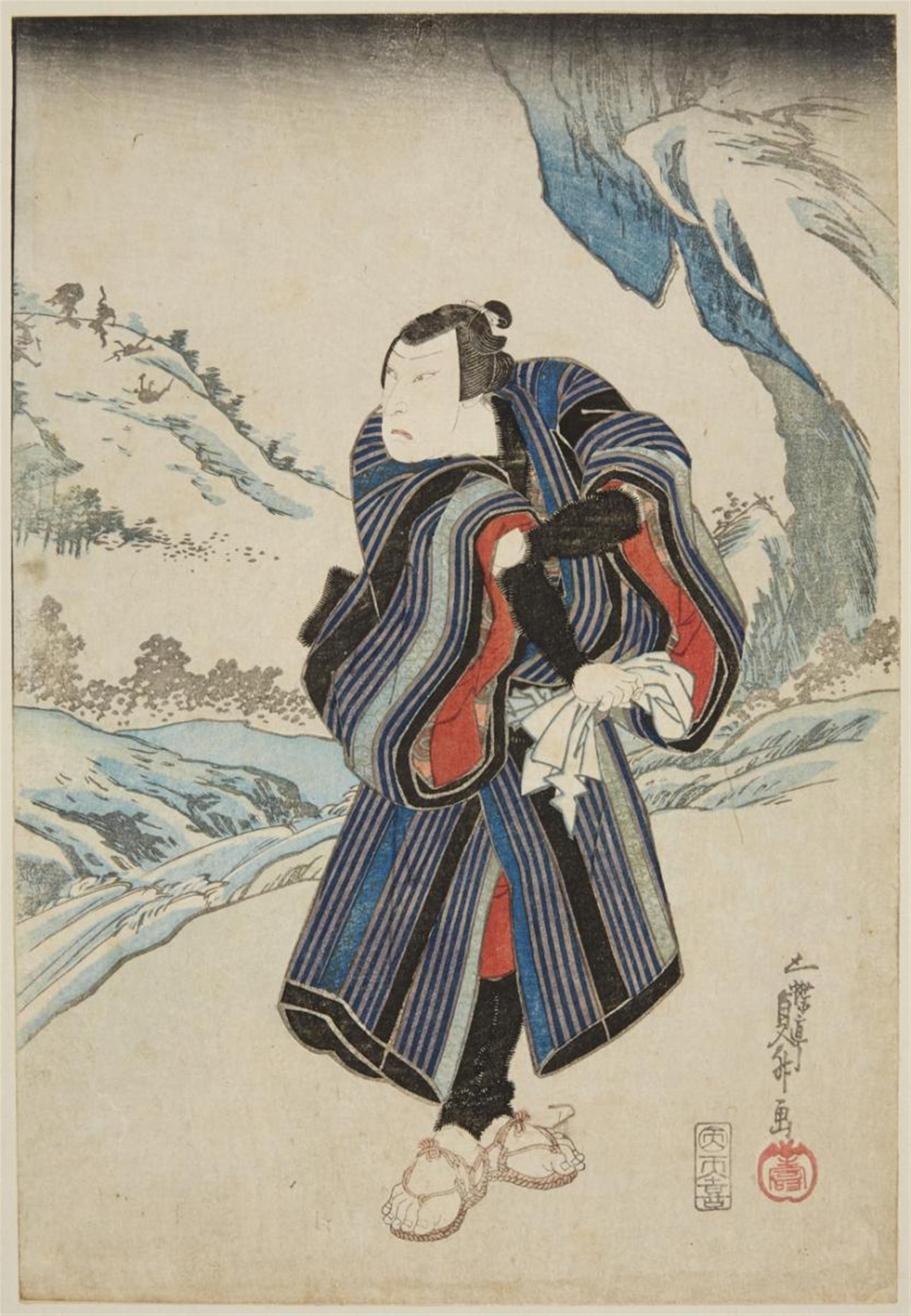 Osaka artists - Seven oban by Shunkosai Hokuei (act. about 1829-1837), Gochotei Sadamasu I (act. 1848-1852) and Ko Yoshiyuki (act. 1822). Various theatre scenes and actors from Osaka. (7) - image-3