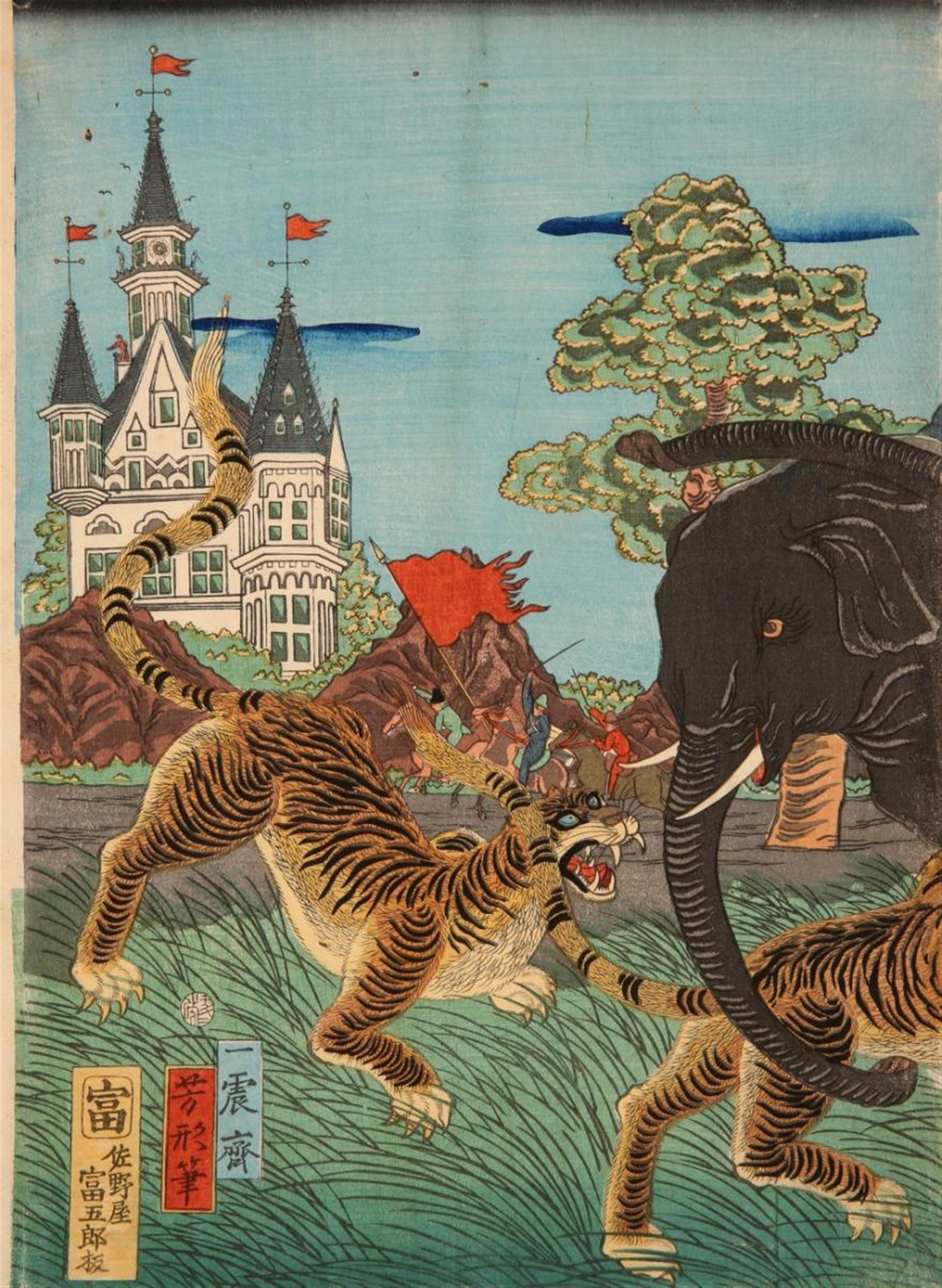 Isshinsai Yoshikata - Oban triptych. Title: Ozo shasei. Foreigners riding elephants, with rifles and hooks, are attacked by tigers. Signed: Isshinsai Yoshikata hitsu. Publisher: Sanoya Tomigoro. Cens... - image-2