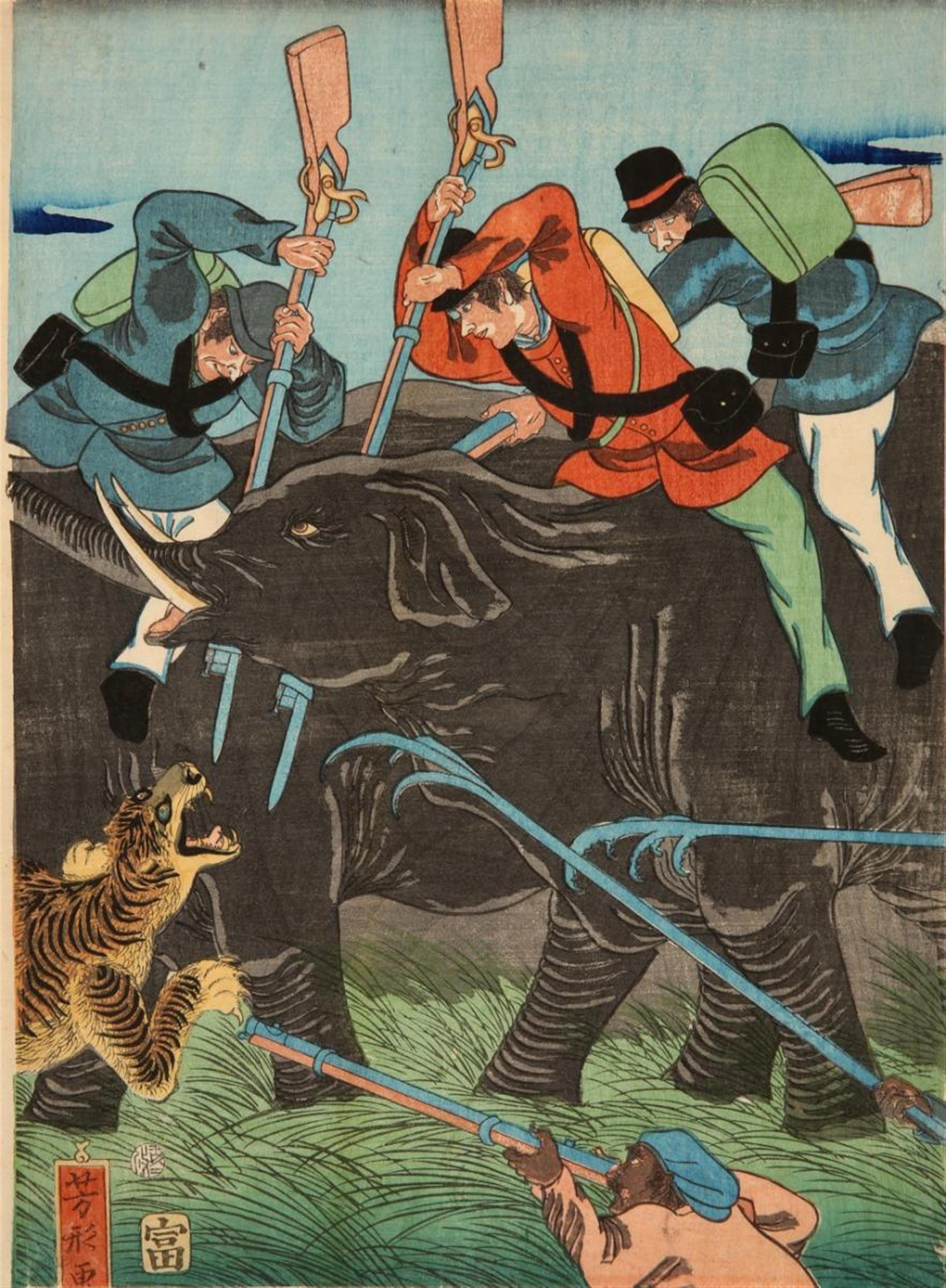Isshinsai Yoshikata - Oban triptych. Title: Ozo shasei. Foreigners riding elephants, with rifles and hooks, are attacked by tigers. Signed: Isshinsai Yoshikata hitsu. Publisher: Sanoya Tomigoro. Cens... - image-3