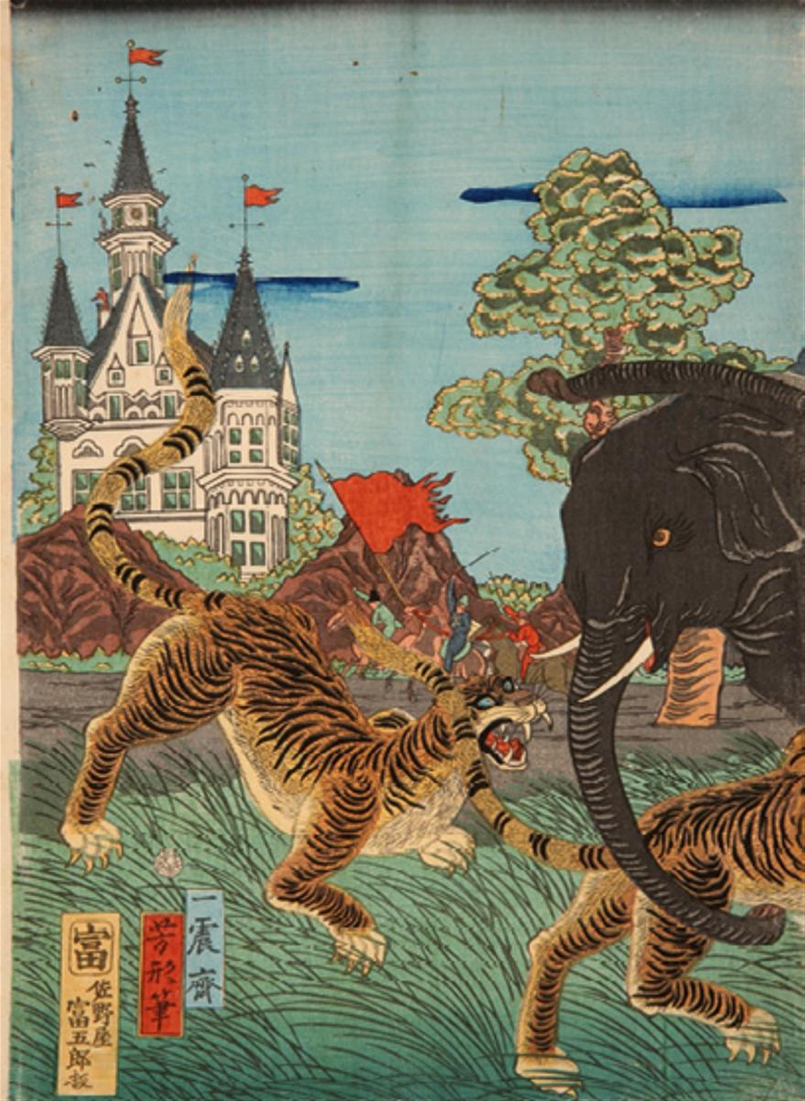 Isshinsai Yoshikata - Oban triptych. Title: Ozo shasei. Foreigners riding elephants, with rifles and hooks, are attacked by tigers. Signed: Isshinsai Yoshikata hitsu. Publisher: Sanoya Tomigoro. Cens... - image-1