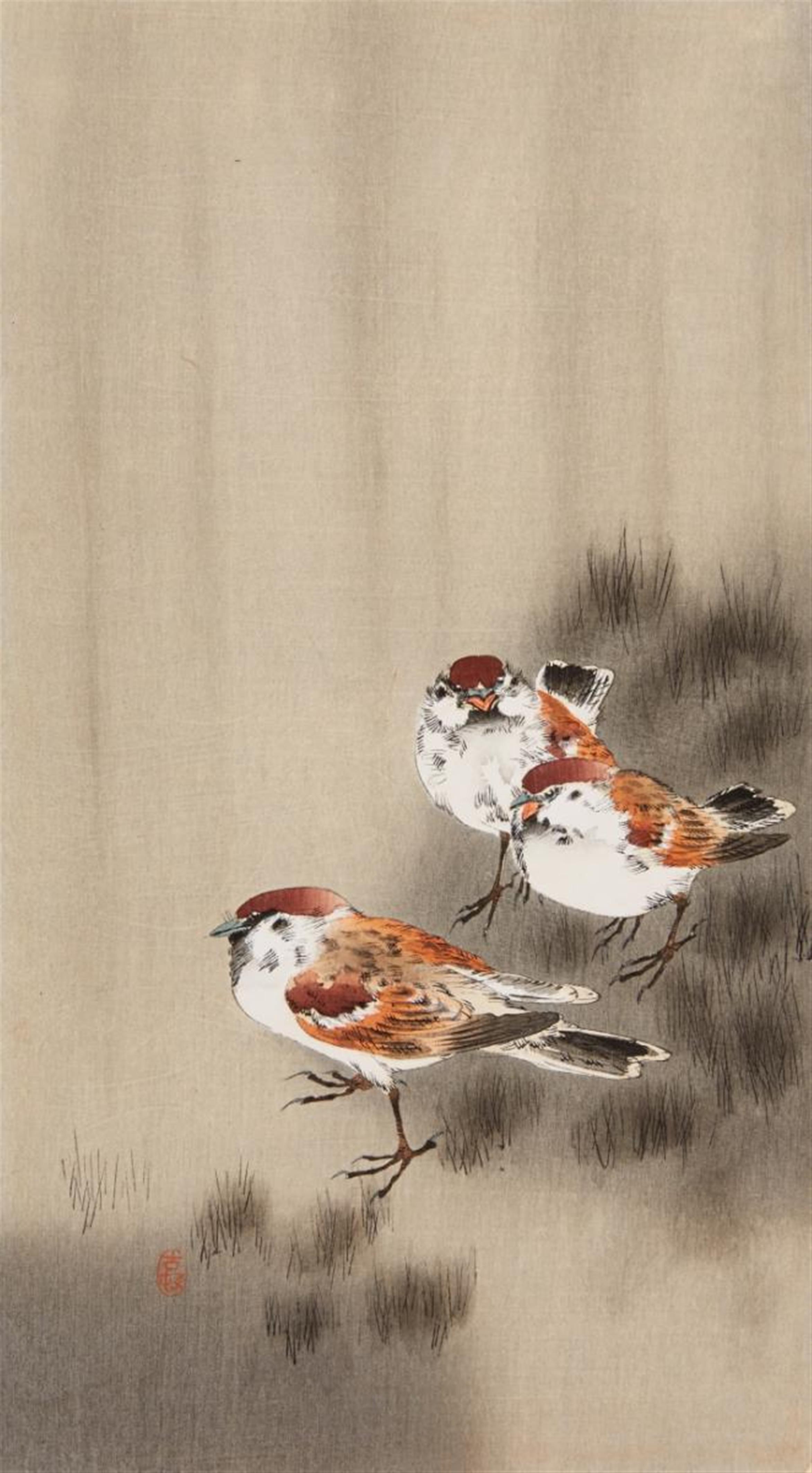 Ohara Shoson - Otanzaku. Three male sparrows. Seal: Koson. Published by Daikokuya around 1910. - image-1