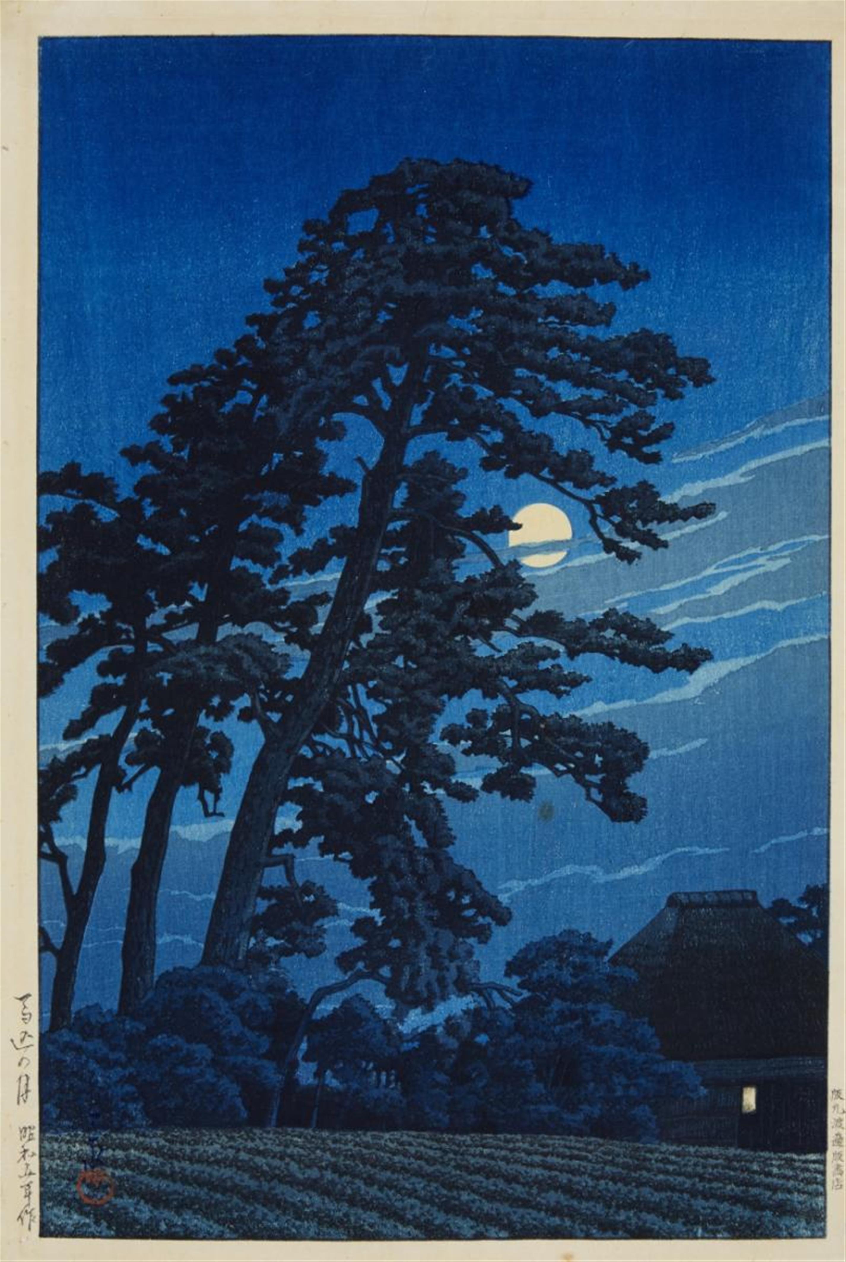 Kawase Hasui - Oban. Series: Tokyo nijukei. Title: Magome no tsuki. Moon above a farmhouse. Signed: Hasui. Seal: Kawase. Publisher: Watanabe Shosaburo. Date: Showa 5 (1930). - image-1