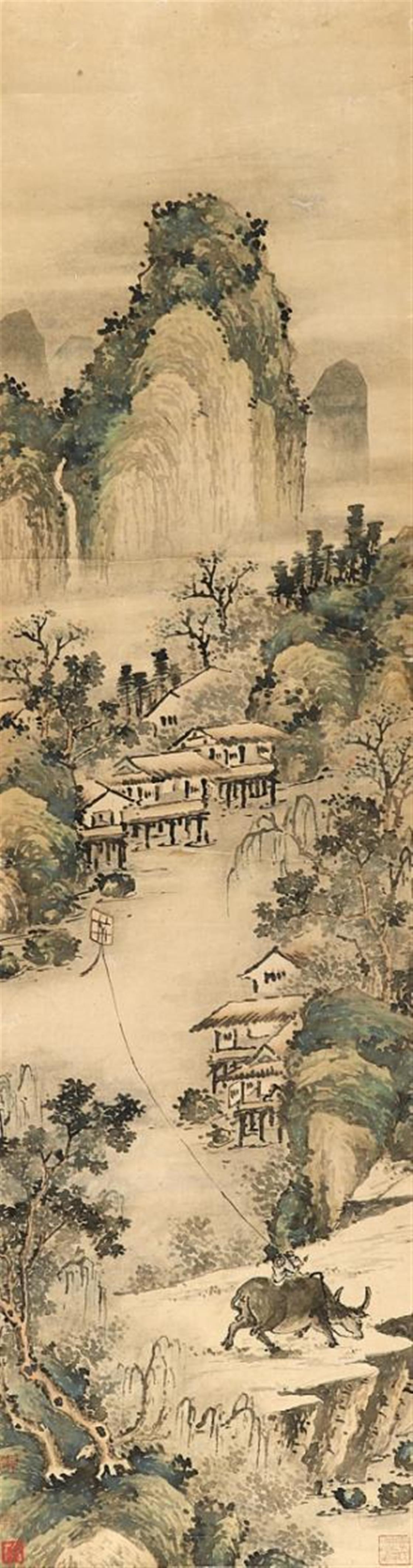Wu Chifeng . Qing dynasty - Boy sitting on an ox, cottages in landscape. - image-1