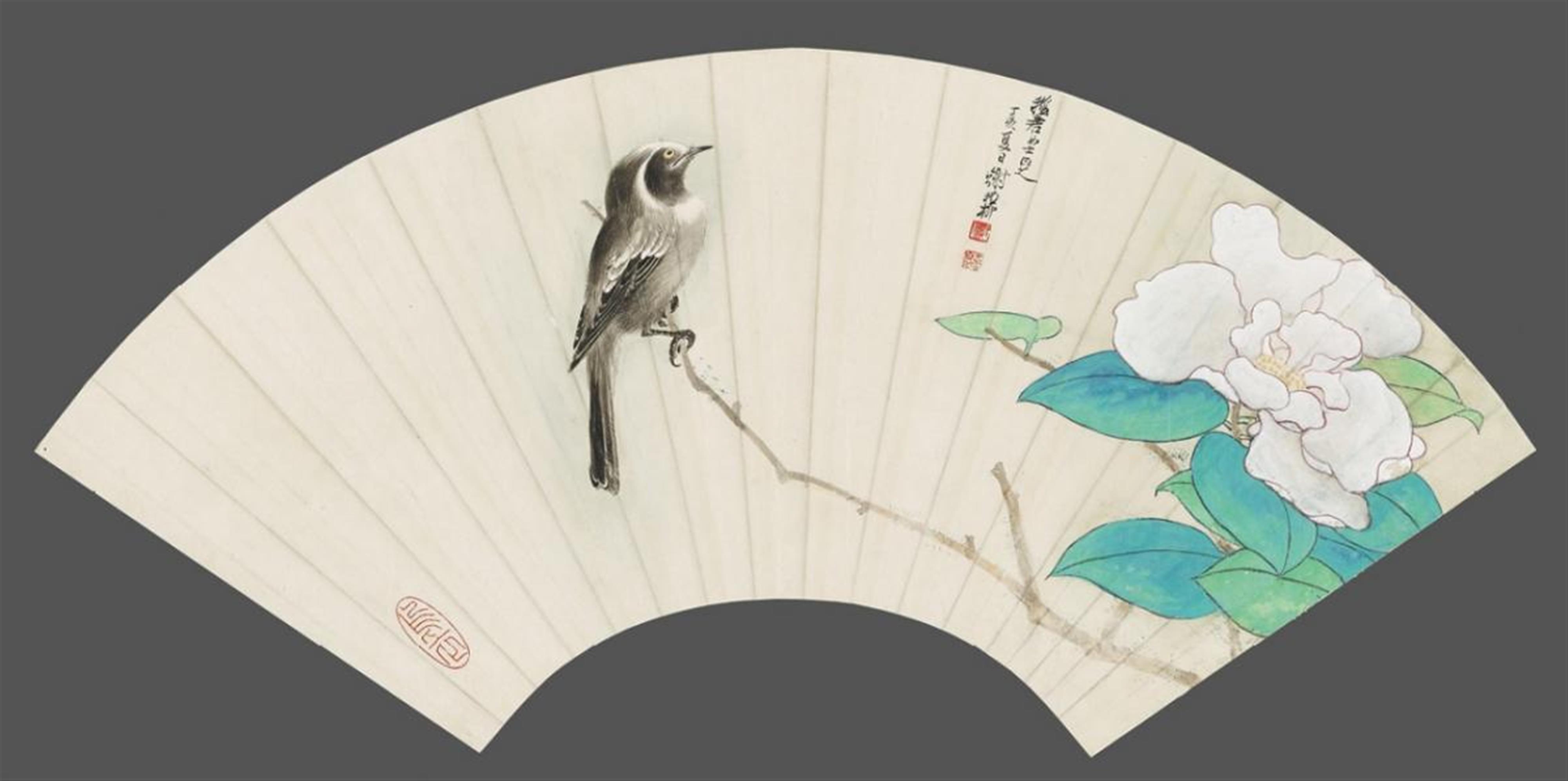 Wang Wenzhi and Xie Zhiliu (1910-1997) - Two fan paintings. (a) Butterflies and lotus. Inscription, signed Menglou Wang Wenzhi and sealed Wang shi yu qing and one more seal. Fan painting. Ink and light colours on paper... - image-2