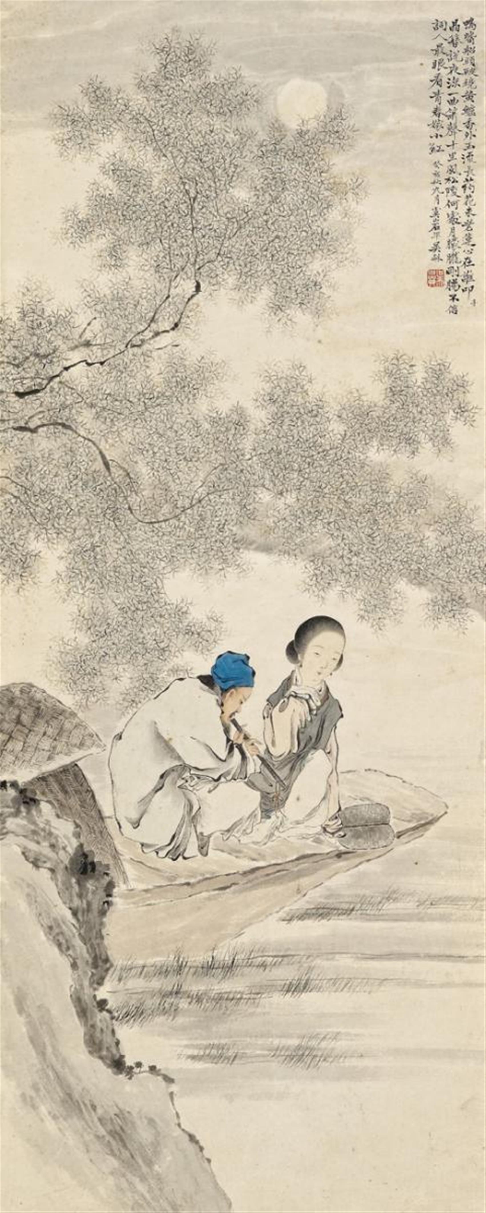 Wu He . First half 20th century - A flute player with a lady in a boat under a full moon. - image-1